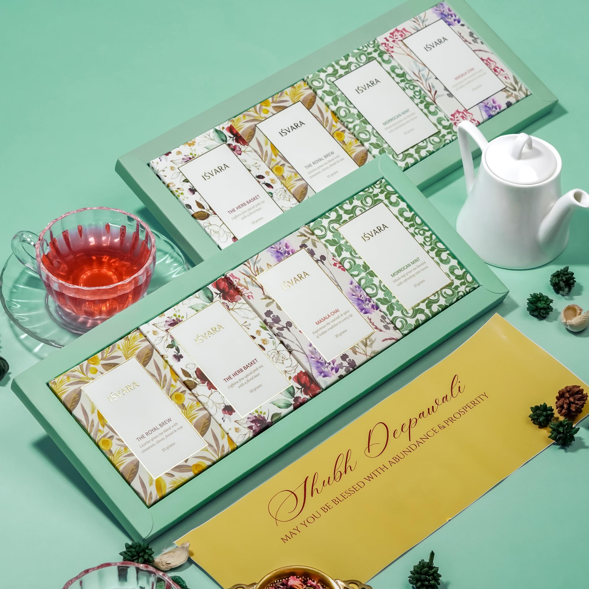 ISVARA Tea Gift - Tea Medley Gift Set, Set of 4 Unique Teas |The Herb Basket 10g |The Royal Brew 15g | Masala Chai 20 g| Moroccan Mint 10g | 55G-image-1