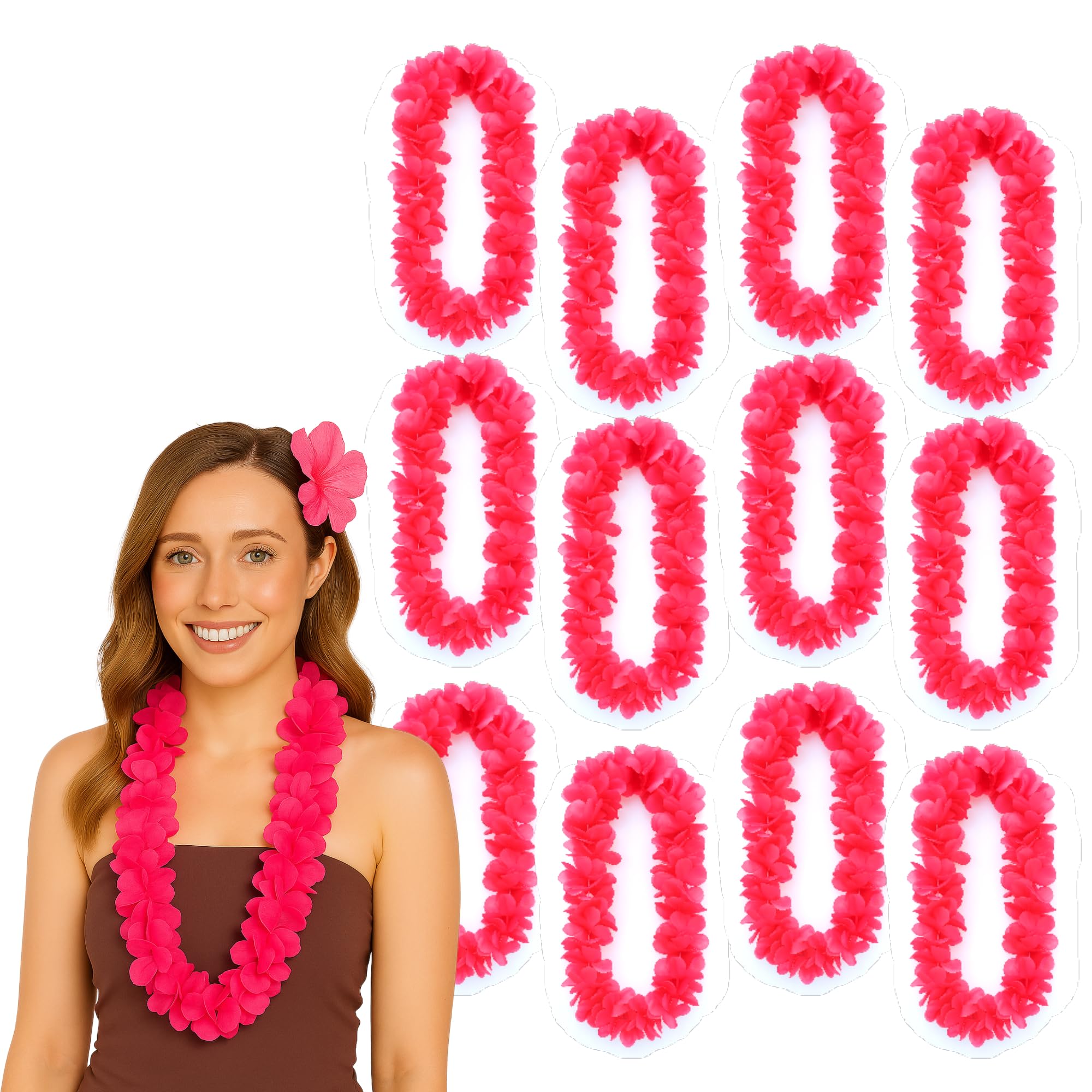 Lizzy 12 x Pink Hula Lei Garland (110cm) | Bright Hawaiian Flower Necklace for Hen Parties, Fancy Dress, Festivals, Beach Events & Luau Costumes | Floral Fancy Dress Accessory (12)