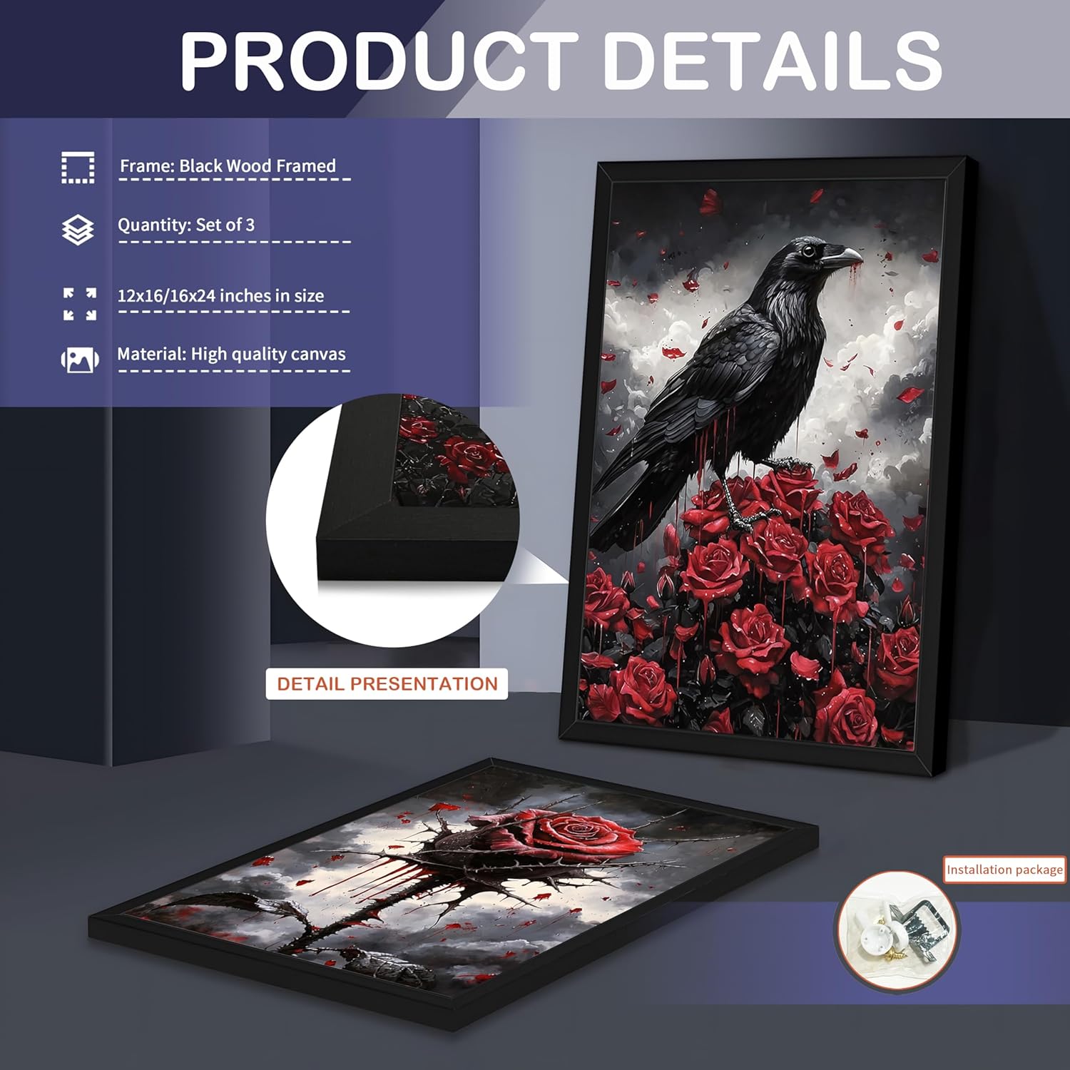 Gothic Wood Framed Halloween Canvas Wall Art for Living Room Set of 3 - Black Romantic Aesthetic Crow Butterfly Rose Prints, Dark Goth Wall Decor for Bedroom Bathroom Halloween Decor 16x24 inch