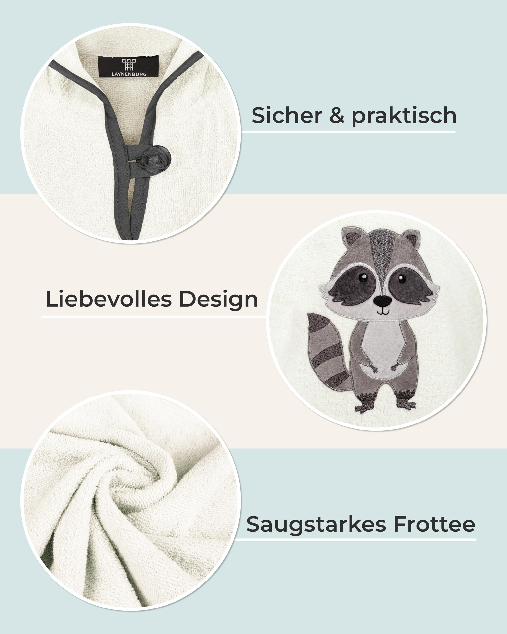 LAYNENBURG Ponczo kąpielowe premium dla dzieci z kapturem – 100% bawełna – Öko-Tex – dla chłopców i dziewczynek, ponczo frotte, Kremowy - Szop pracz, 1-3 lat