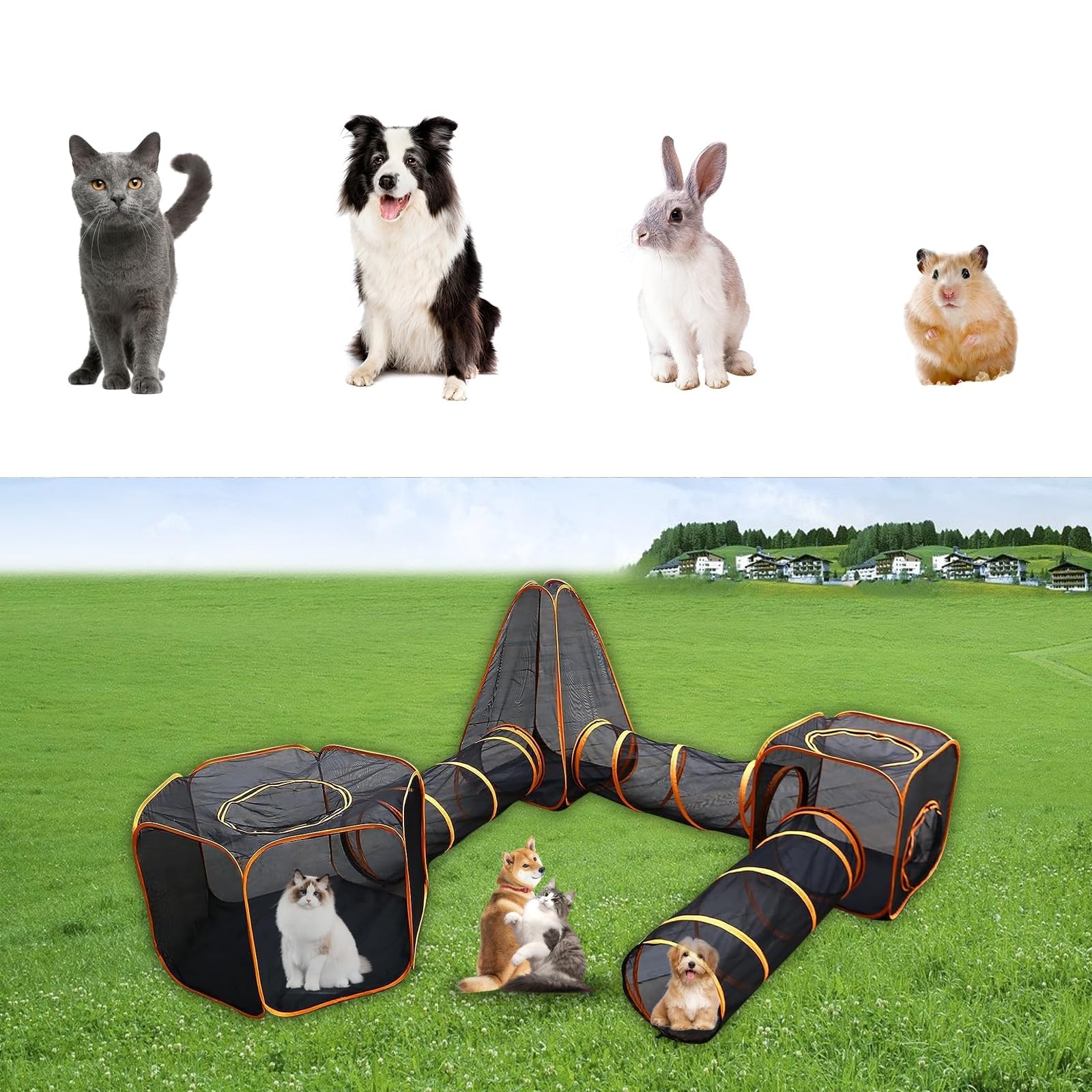 Box pieghevole per animali domestici, con tunnel, rete portatile per gatti, cani e piccoli animali