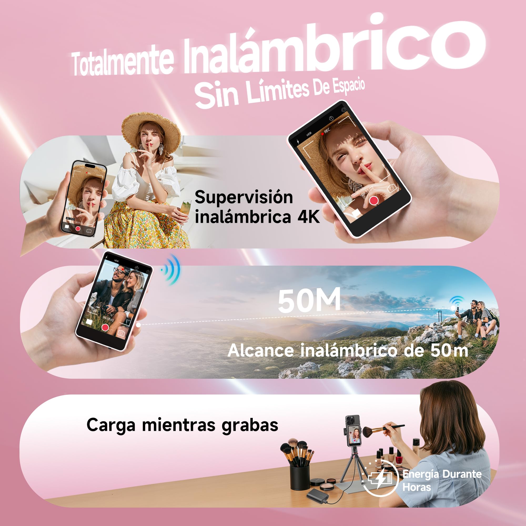 SYNCO XView Monitor para Teléfono iPhone y Android, Pantalla Magnética para Selfie Vlog Inalámbrico 50M Batería 3H, Altavoz Integrado para TikTok Youtube (Rosa)