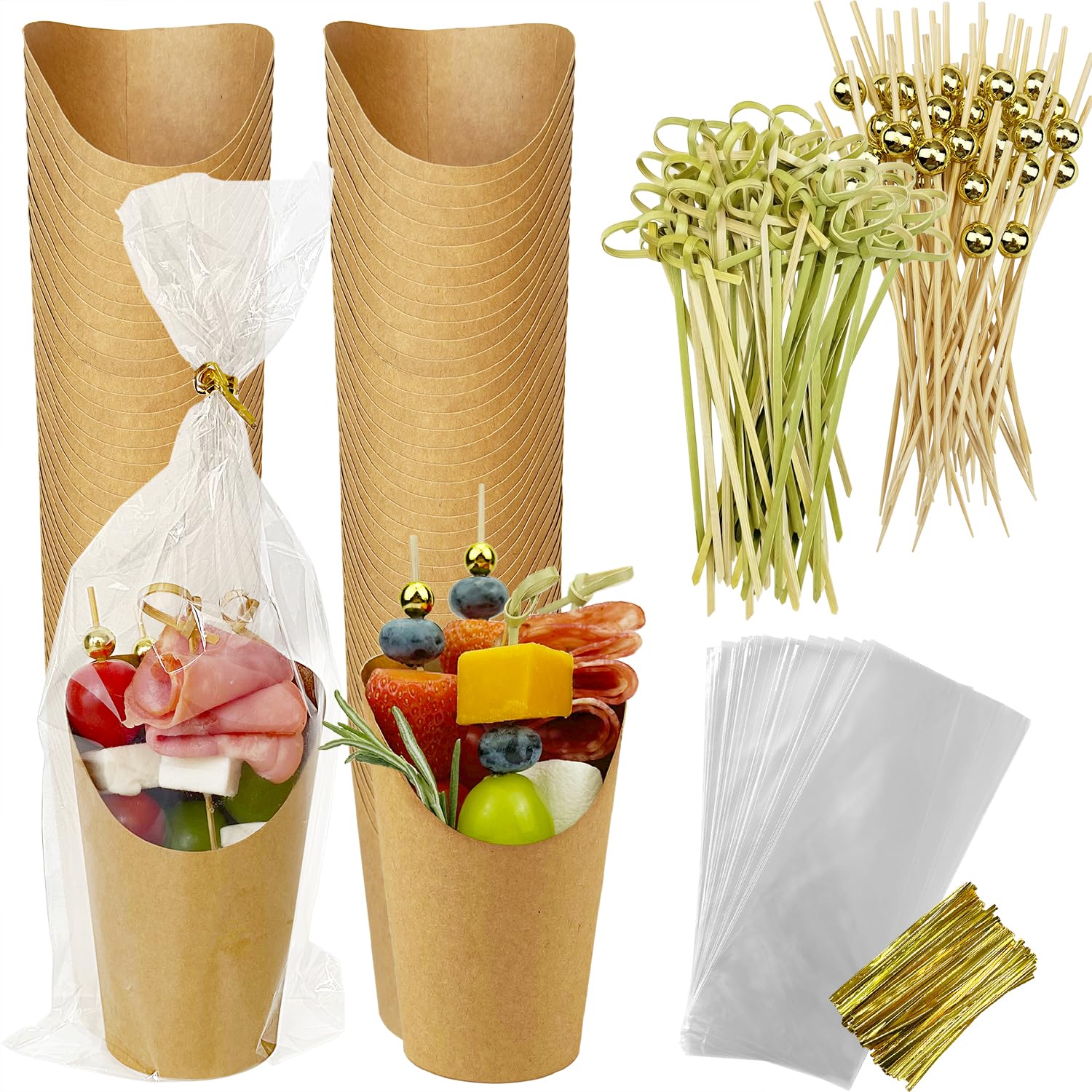 CAMKYDE 50 Sets Disposable Charcuterie Cups with Sticks and Bags, 12 oz Brown Kraft Paper Snack Appetizers Cup French Fry Holder with Cocktail Picks Toothpicks (50 Cups+50 Bags+200 Sticks)
