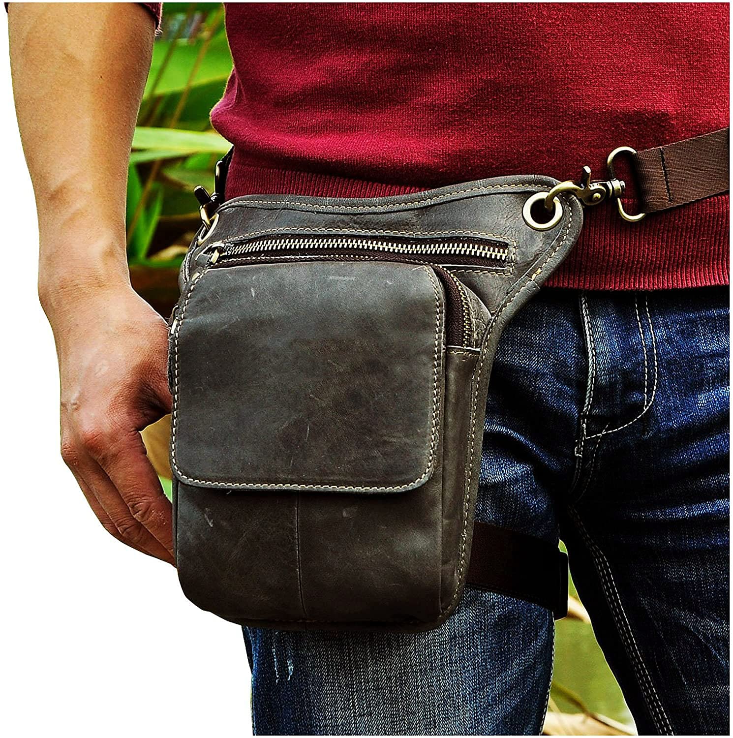 Le'aokuu Messager Sacs en Cuir Véritable Hommes Équitation Sac à bandoulière Sacs de la Ceinture Sports (211-1 A2 Gris)
