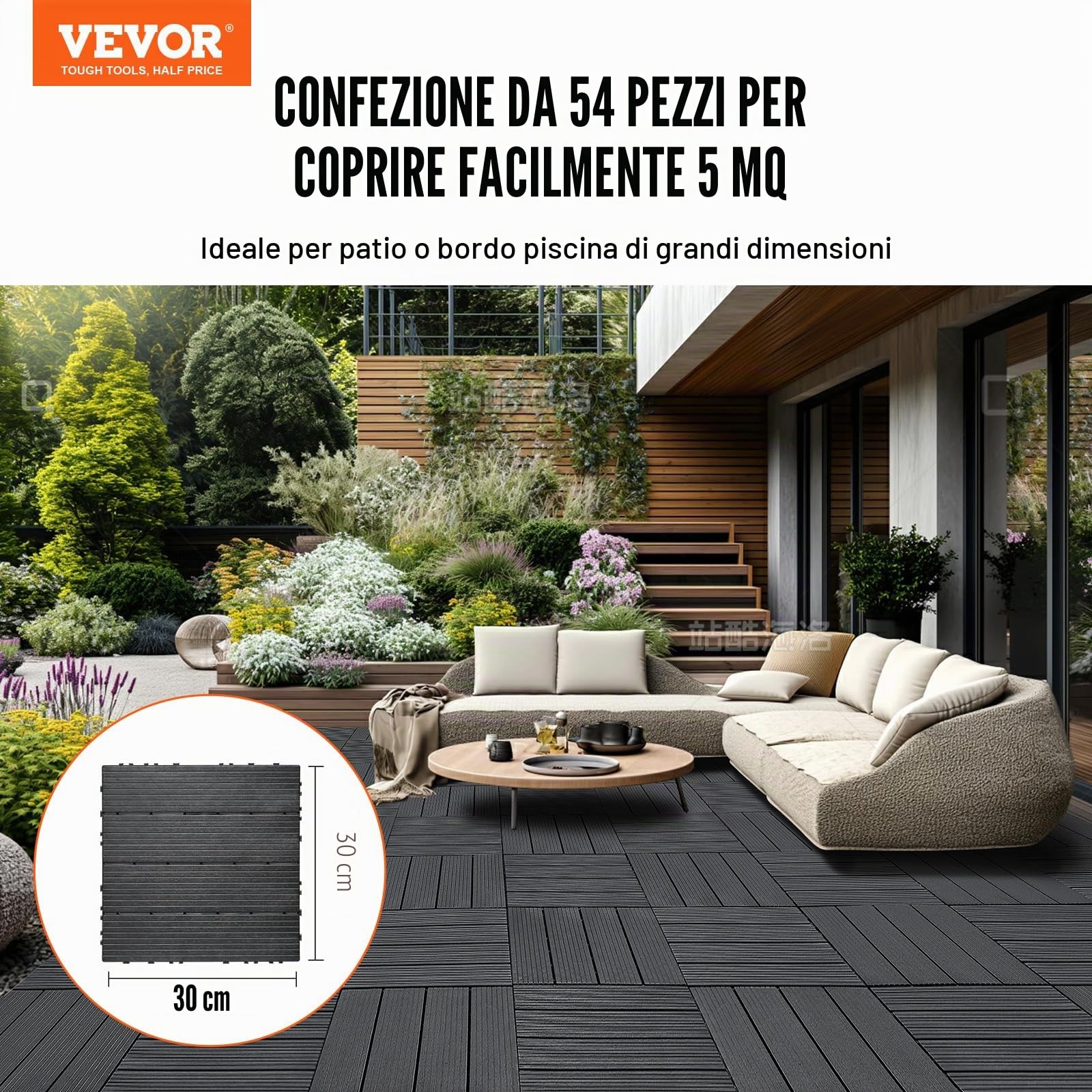 VEVOR Piastrelle per Patio ad Incastro 54 Pezzi 300 x 300 x 20 mm, Piastrelle Impermeabile in Plastica, Piastrelle per Tutte Le Condizioni Atmosferiche, per Portico Piscina Cortile, Grigio Scuro