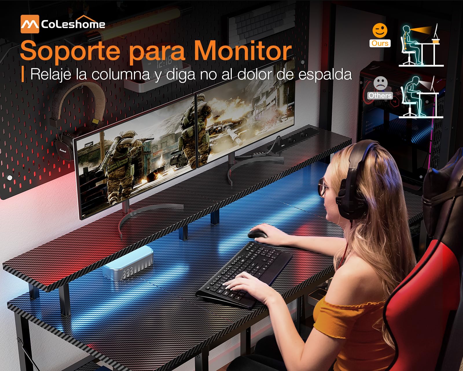 Coleshome Escritorio Gaming con LED, 120x50cm Mesa Gaming con 2 Enchufes y 2 Puertos USB, Escritorios Ordenador con Estantería para Oficina en Casa, Fibra de Carbono Negra