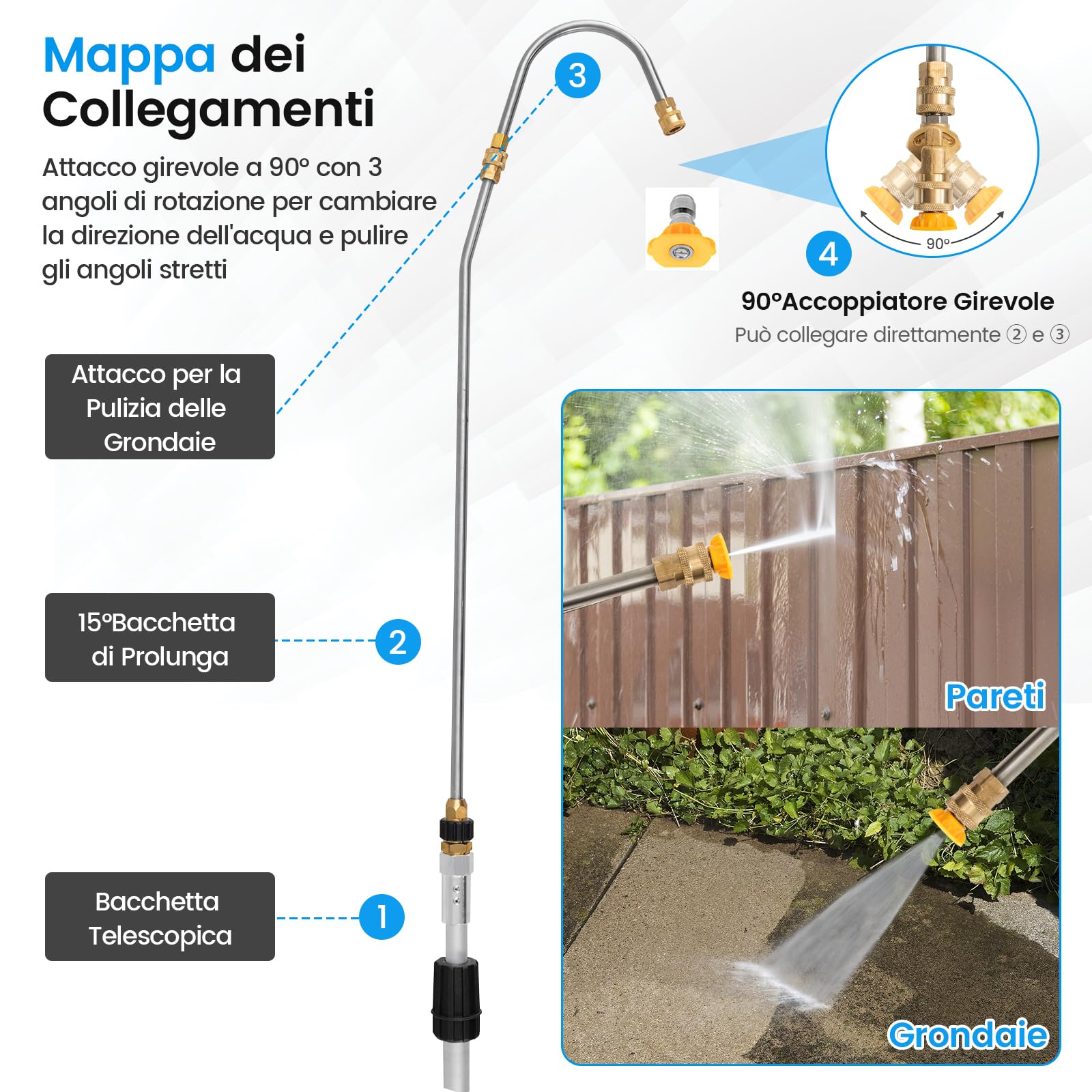 COSTWAY 550 cm Kit di Prolunga per Idropulitrici, Lancia Telescopica per Idropulitrice con 5 Ugelli 2 Adattatori Accoppiatore Girevole e Imbracatura di Supporto, 4000PSI
