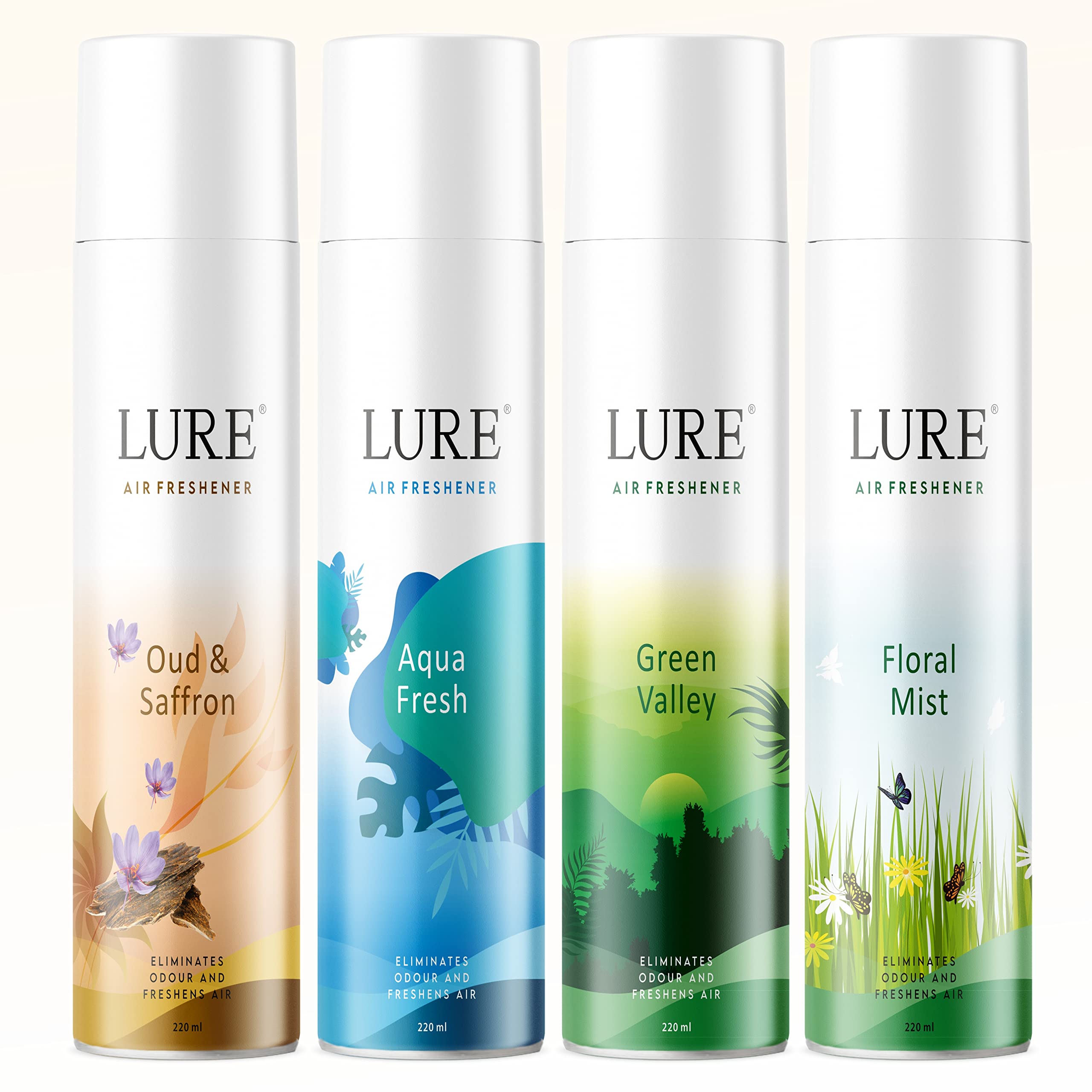 Lure Room Freshener | Air Freshener for Home And Office - Oud & Saffron,Aqua Fresh,Greenvally,Floral Mist (220ml Each, Pack of 4)