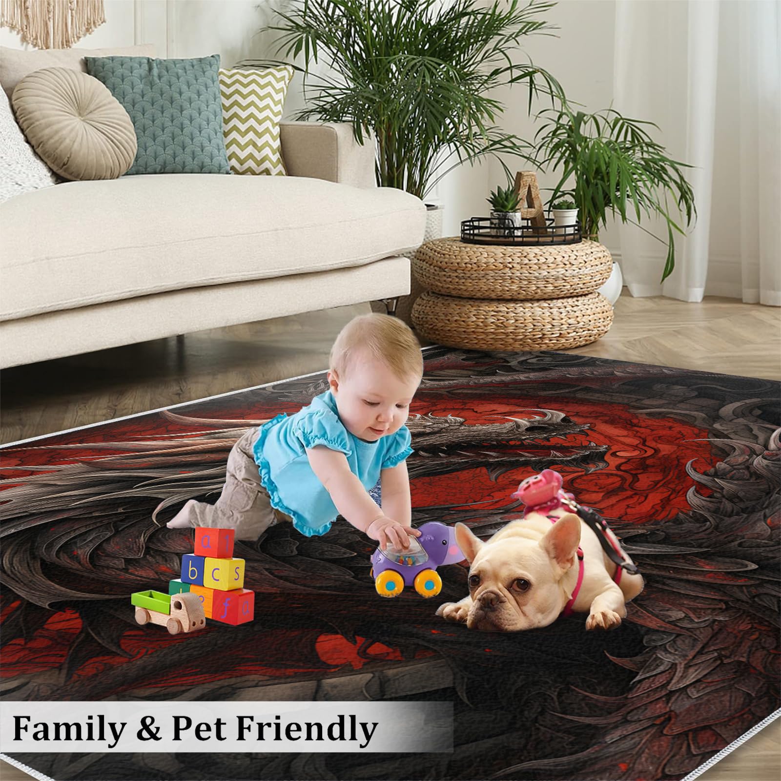 Tapis dragon rouge et noir, à poils ras et antidérapant, pour salon, chambre à coucher, cuisine, salle à manger, bureau, 80 x 150 cm