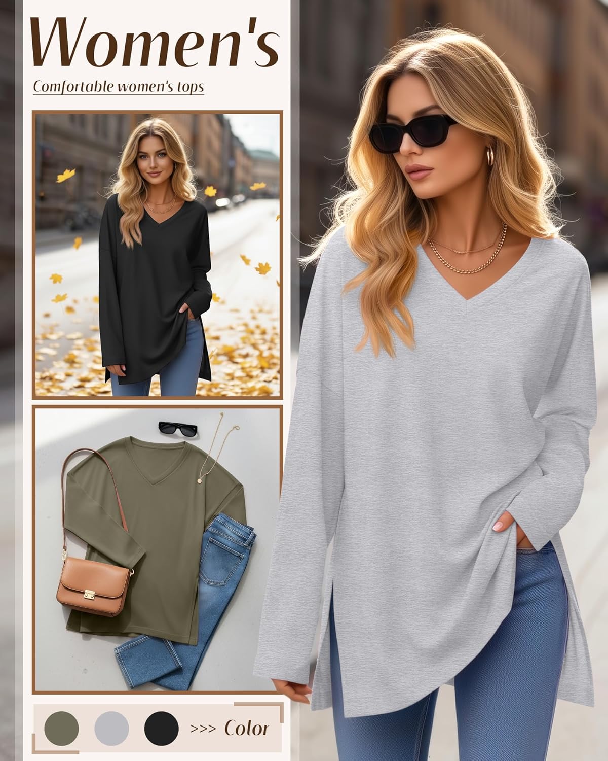 Huukeay 3 Pack Womens Oversized Long Sleeve T Shirts V Neck Knit Casual Workout Tunic Tops Side Split Loose Basic Tees - Image 2