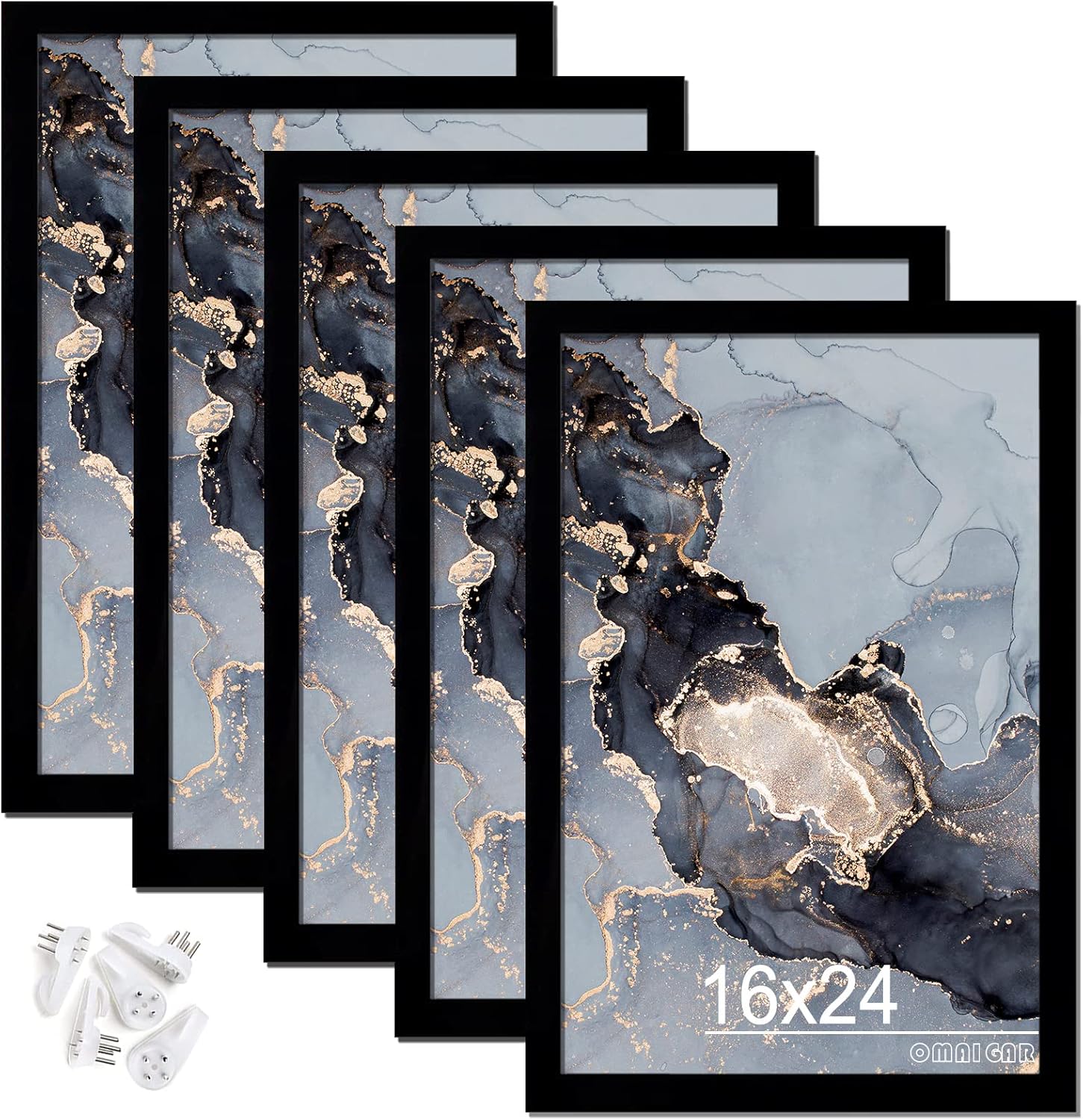 OMAIGAR 16x24 Picture Frame Set of 5, Black Poster Frames for 16 by 24 Poster Photo Canvas Certificate, High Transparent Acrylic Frame on Wall Desktop Horizontal Vertical 16 x 24 Black 16x24