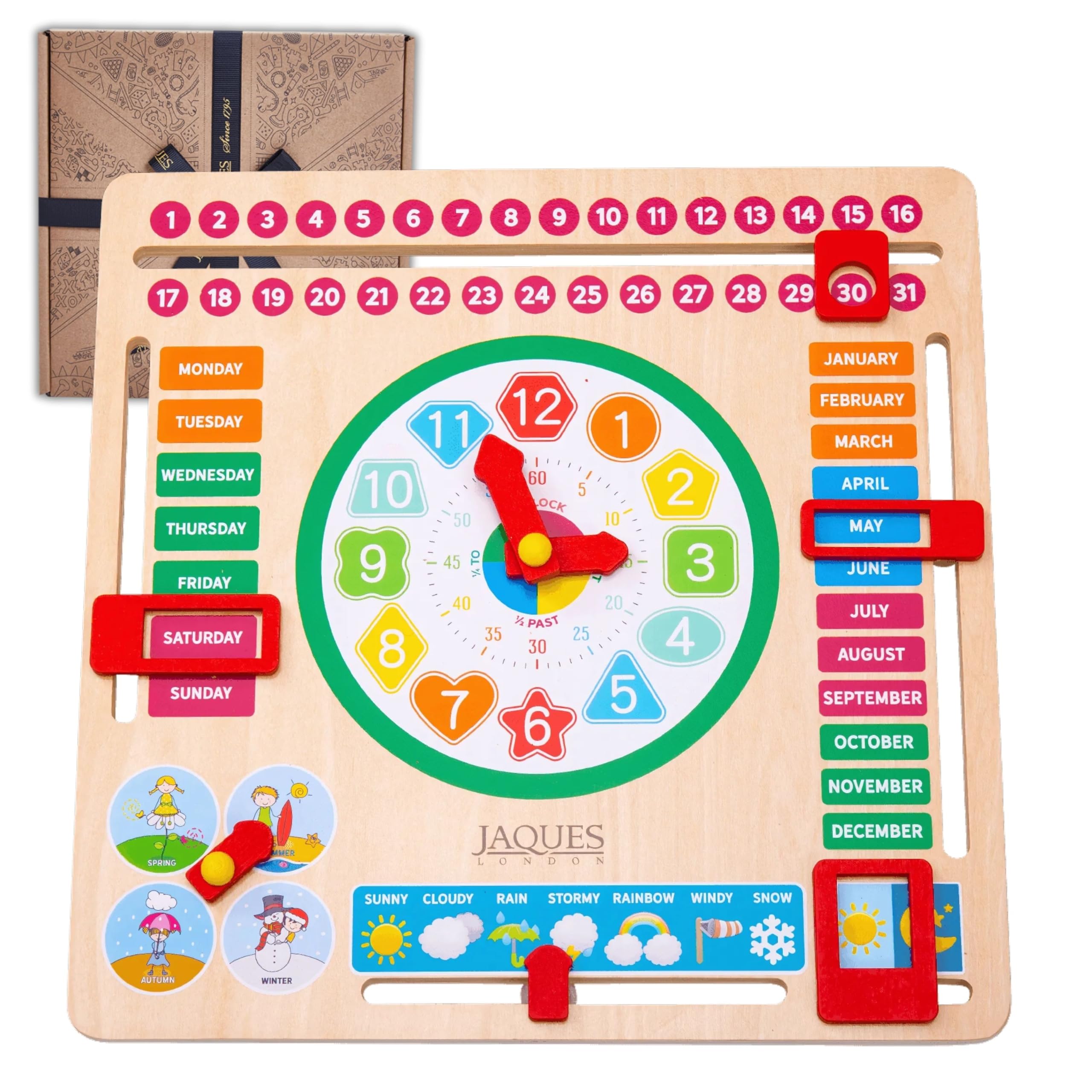 Jaques of London Learning Kids Calendar Clock | Wooden Educational Toys for 3 Year olds with Weather for Preschool Children | Learn to Tell the Time Days and Months | Since 1795