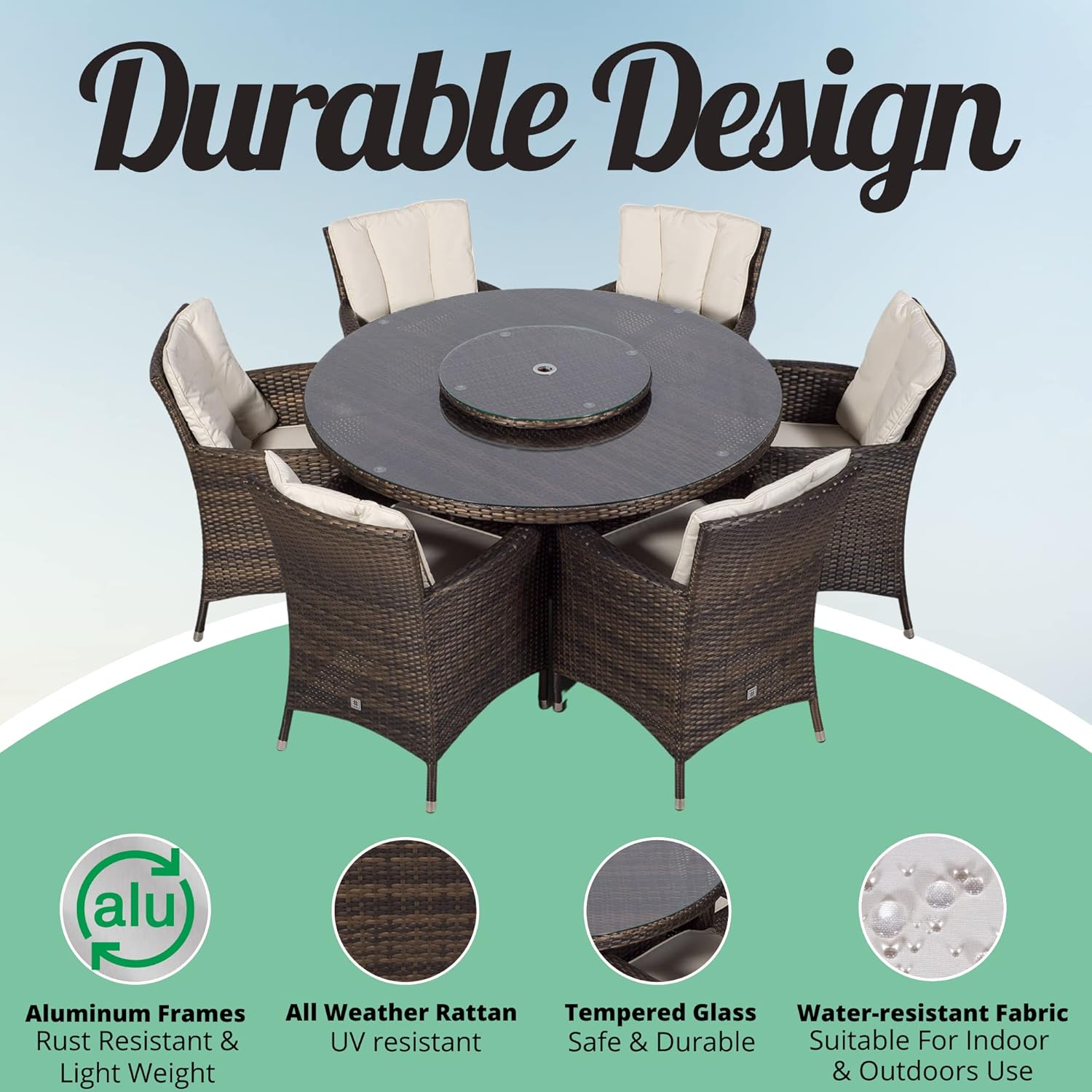 Savannah Rattan Dining Set | Round 6 Seater Brown Rattan Dining Set | Outdoor Poly Rattan Garden Table & Chairs Set | Patio Conservatory Wicker Garden Dining Furniture with... - Image 3