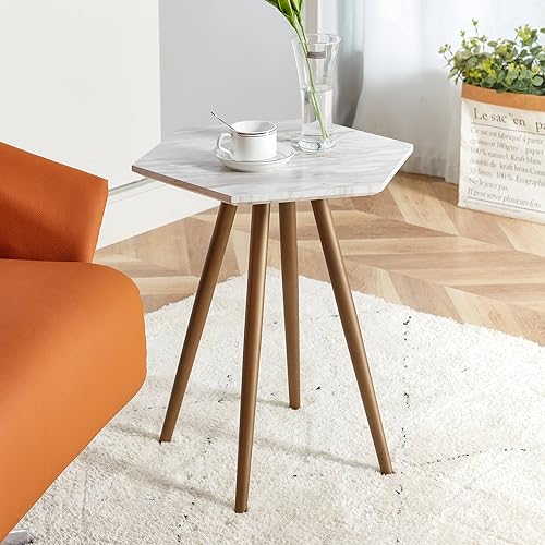 Modern Minimalism White Faux Marble EndSide Table Small Accent Coffee Table with Dark Gold Metal Legs Hexagon Nightstand for Living RoomBedroom