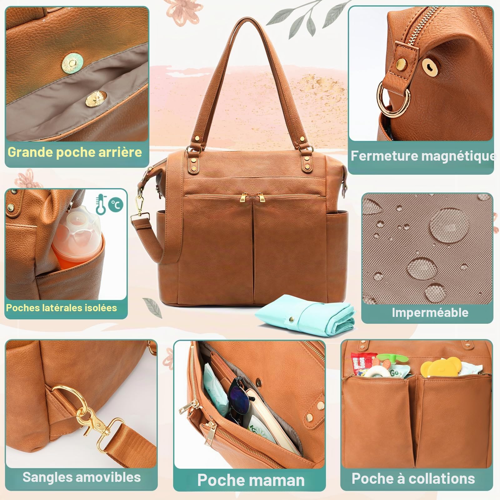 MISS FONG Sac à langer multifonction en cuir avec bandoulière et matelas à langer pour maman et papa, grande capacité, imperméable