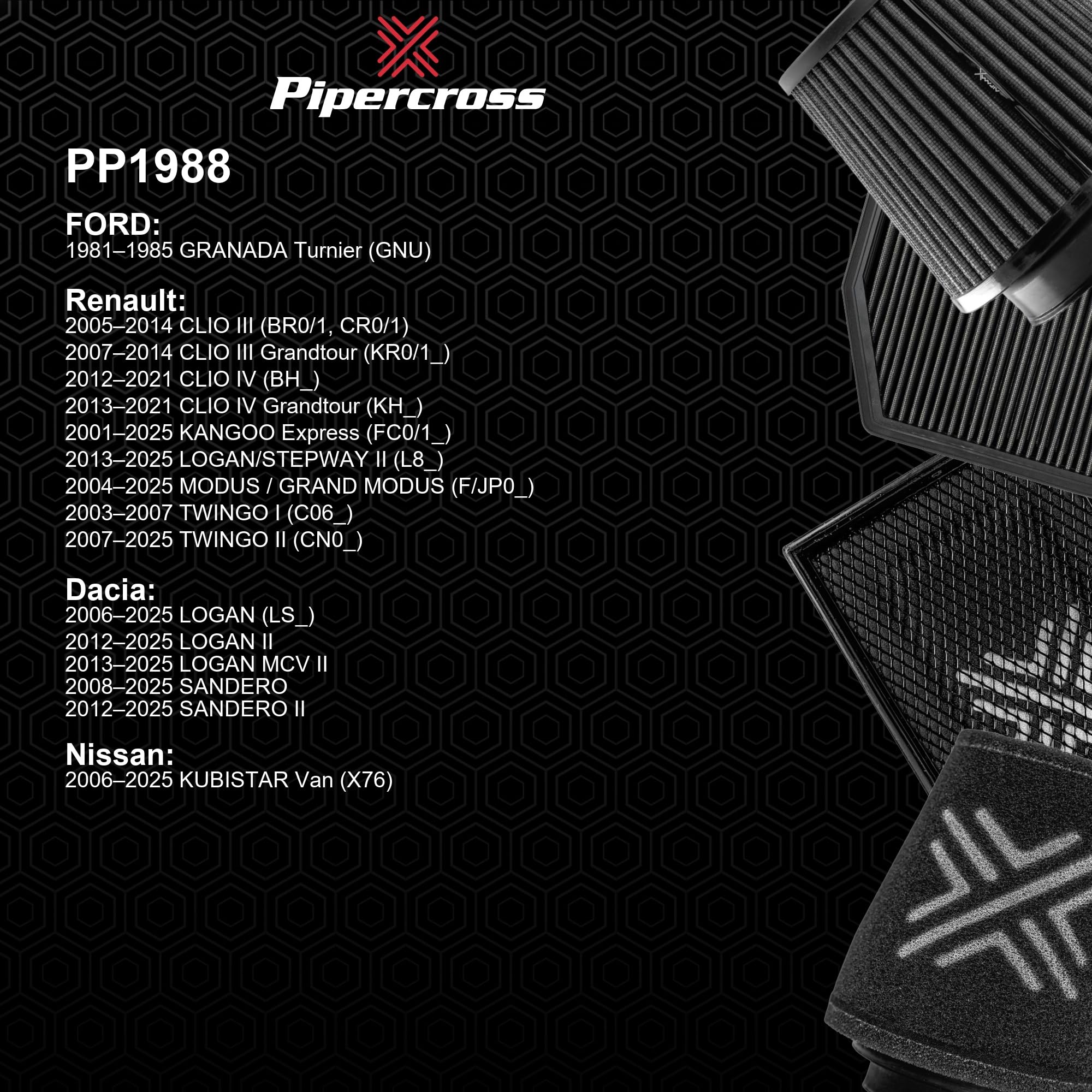 Pipercross Filtro de aire de motor PP1988 | Compatible con Nissan/Renault/Dacia/Ford Kubstar Van (X76), TWINGO II (CN0_) | Aumenta el rendimiento | Reutilizable, fácil de instalar