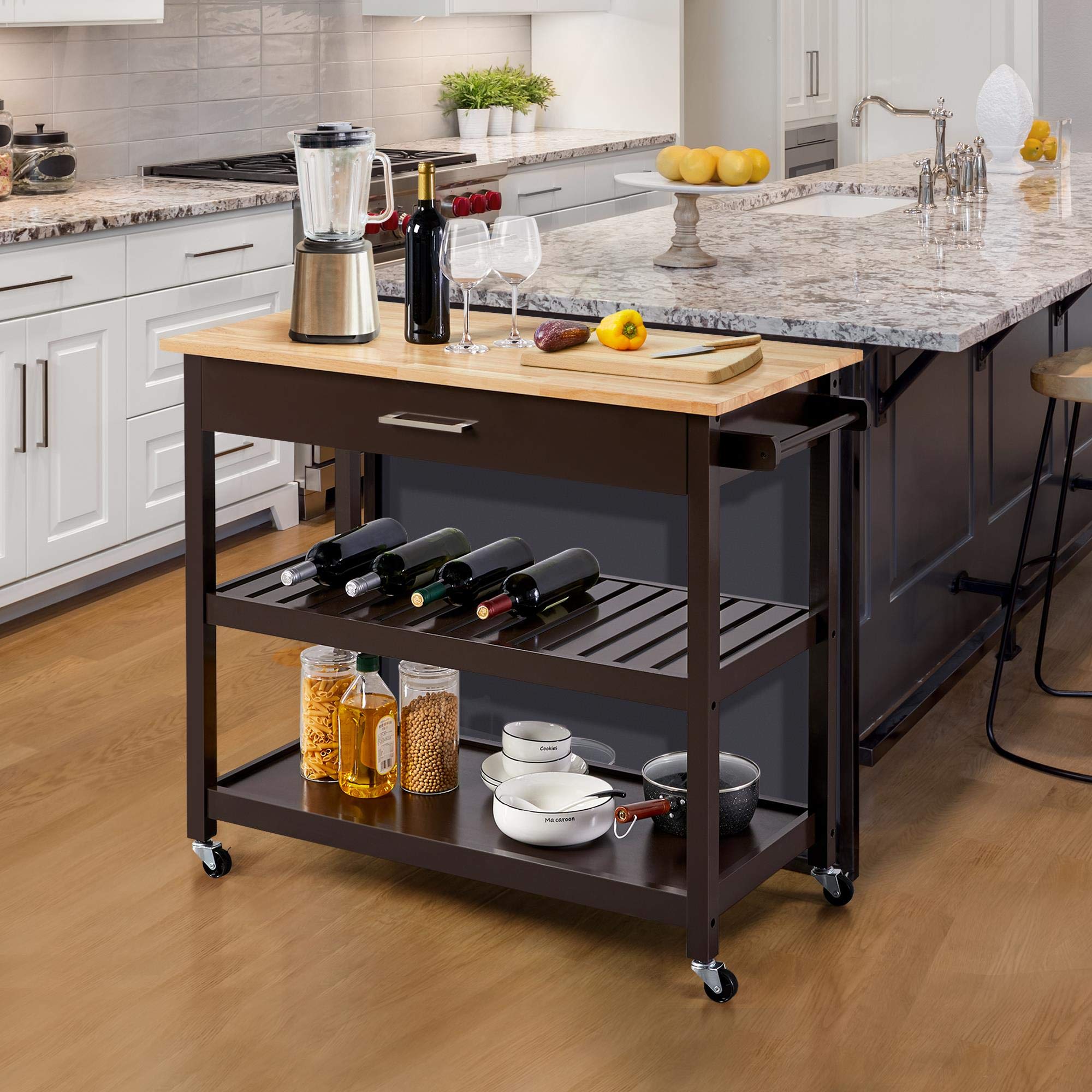 Yaheetech Desserte sur roulettes Solide, 101 x 51 x 92 cm Espresso | Plan de Travail Meuble de Cuisine, Étagère range-bouteilles, 2 Roues avec Frein, 1 Tiroir 2 Étagères Pour Bureau Cuisine