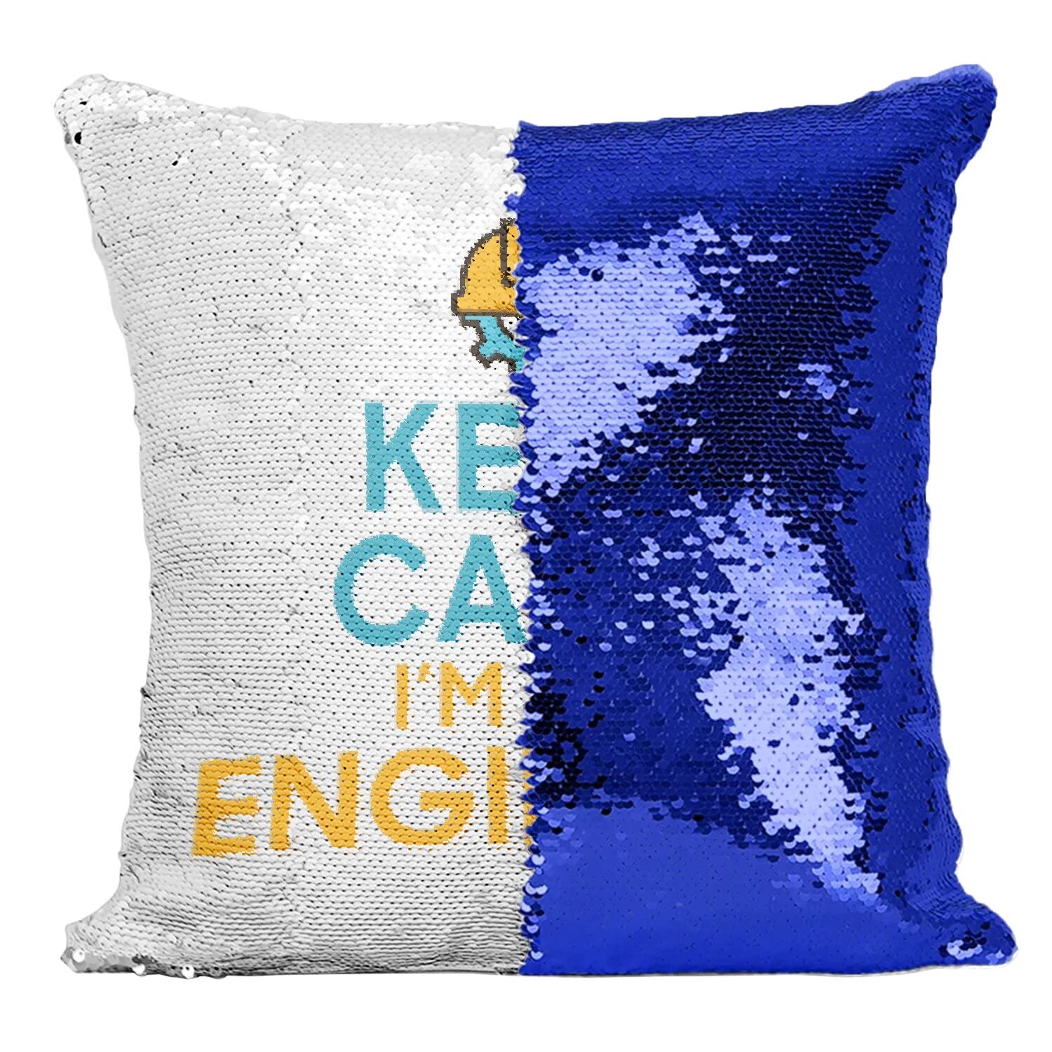 Coussin paillettes bleu Keep Calm Engineer pour déco de bureau ou salon