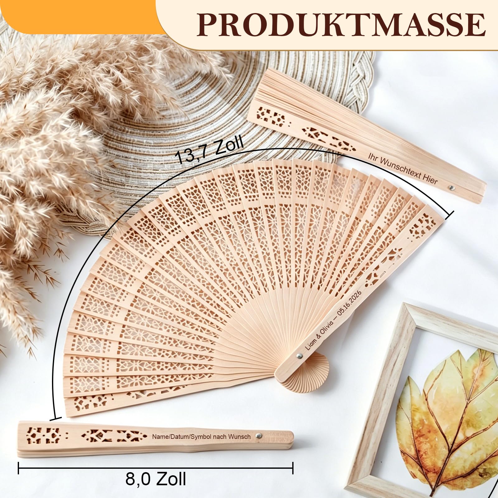 Personalisierte Holzfächer für Hochzeit - Gastgeschenke | Mit Gravur von Name & Datum – In großen Mengen anpassbar, Faltfächer für Sommerhochzeit, Brautparty & Tischdeko