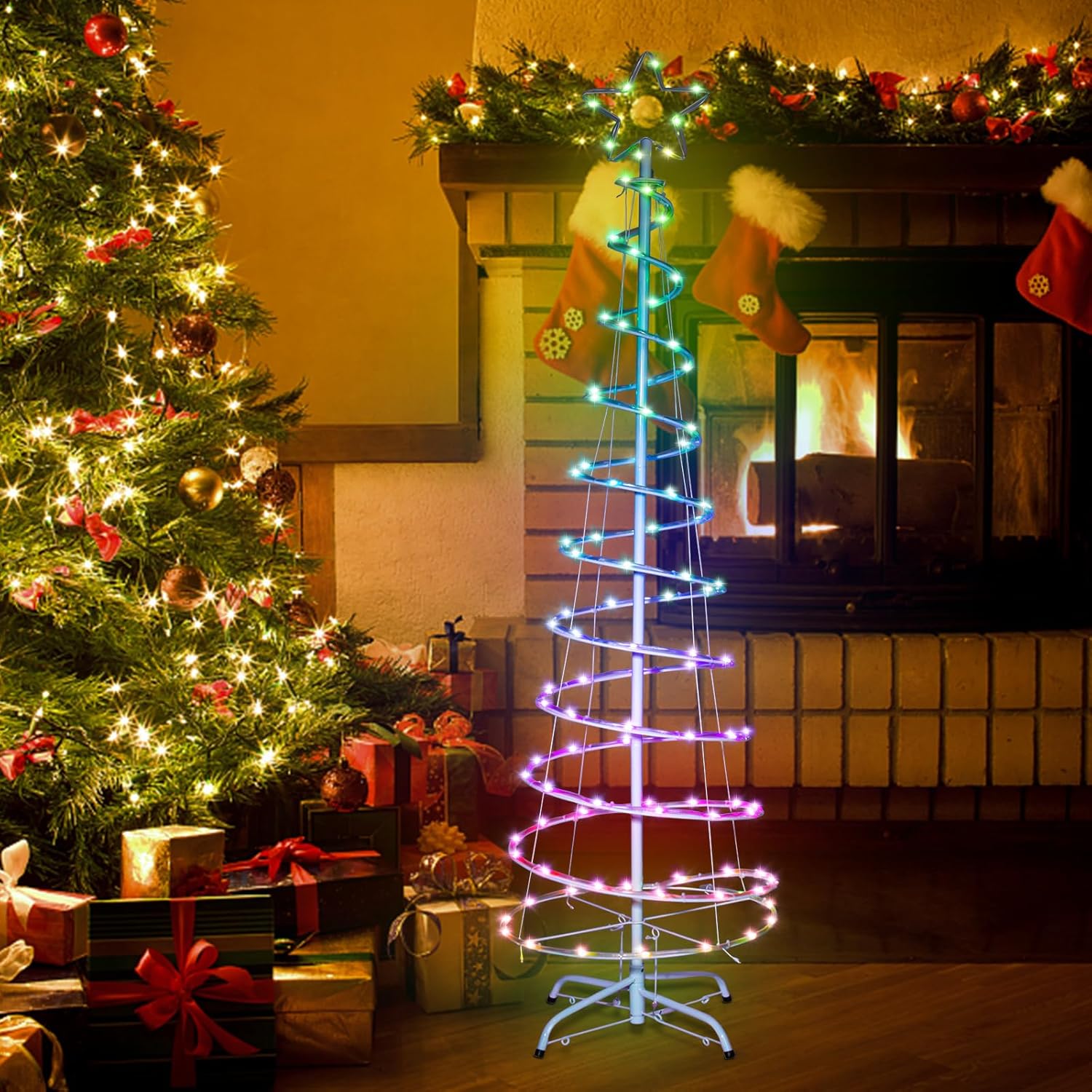 6ft Spiral Christmas Tree Outdoor Christmas LED Lighted Artificial Tree with Timer APP & Remote Control Tree Top Star 100 LEDs Decoration for Yard Porch Indoor Outdoor Xmas - Image 6