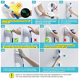 TAILI Shower Grab Bar Glow in The Dark, 2 Pack 12.2 in Grab Bars for Bathtubs and Showers,Shower Handles Shower Rails for Seniors and Elderly,Bathroom Safety Grip Removable No Drilling Waterproof Blue