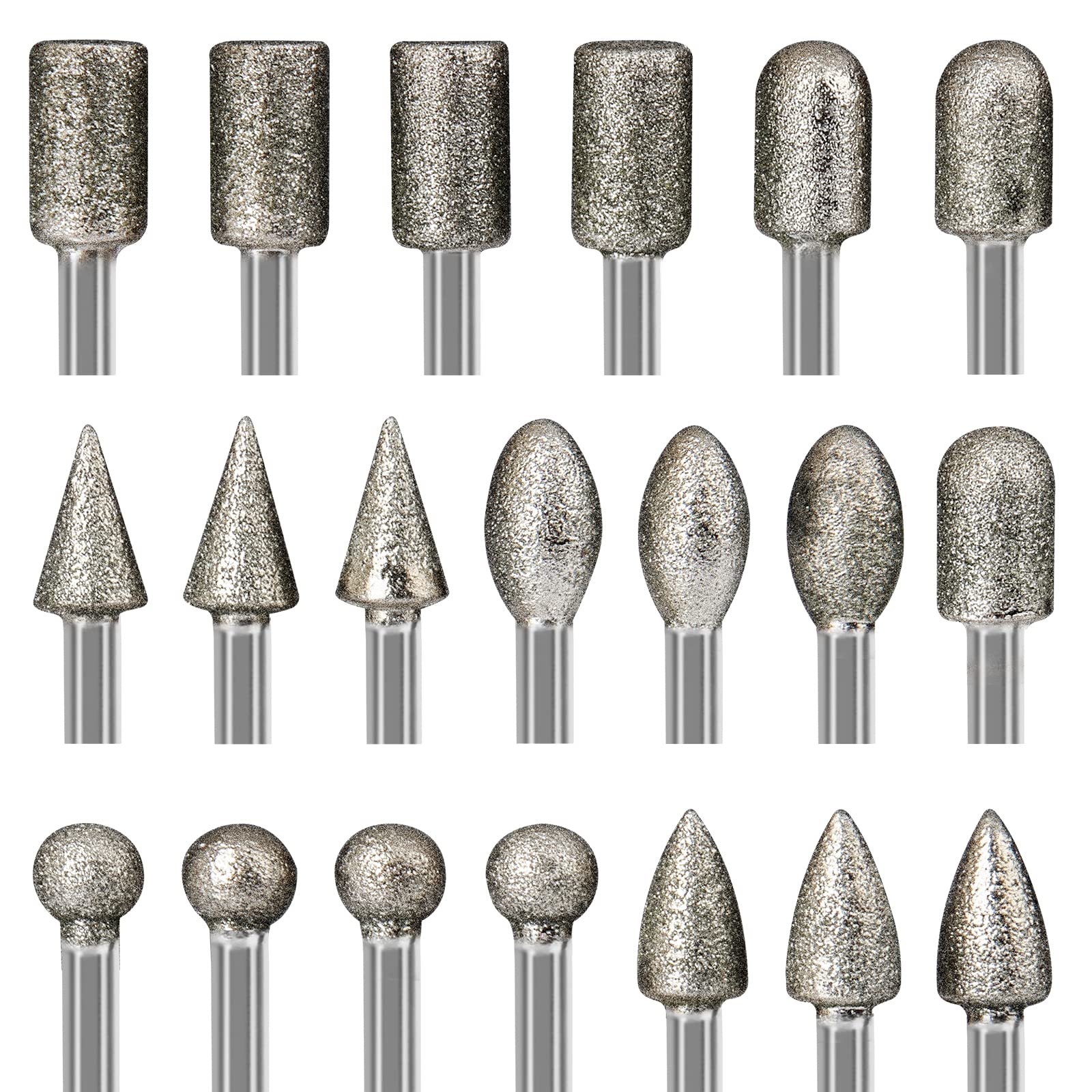 Hakkin Stone Carving Set Diamond Burr 20Pcs Diamond Grinding Burr 3mm Shank Polishing Kit Rotary Tool Accessories for Carving, Engraving, Grinding, Rocks, Jewelry, Glass, Ceramics 120Grit