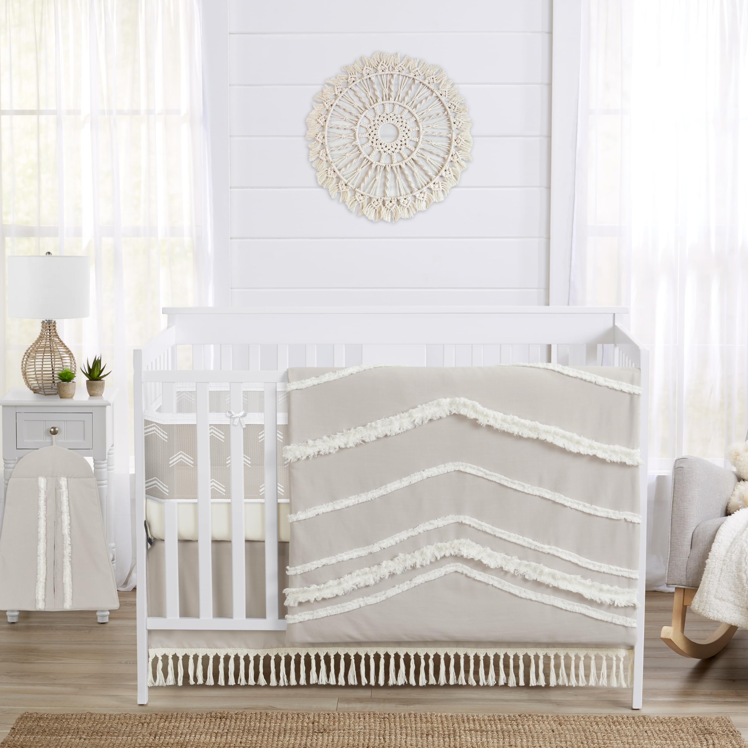 Sweet Jojo Designs Boho Bohemian Boy Girl Gender Neutral Baby Crib Bedding Set Infant Nursery Room BreathableBaby Breathable Mesh Crib Liner 6p Solid Beige Linen Farmhouse Shabby Chic Geometric Arrows