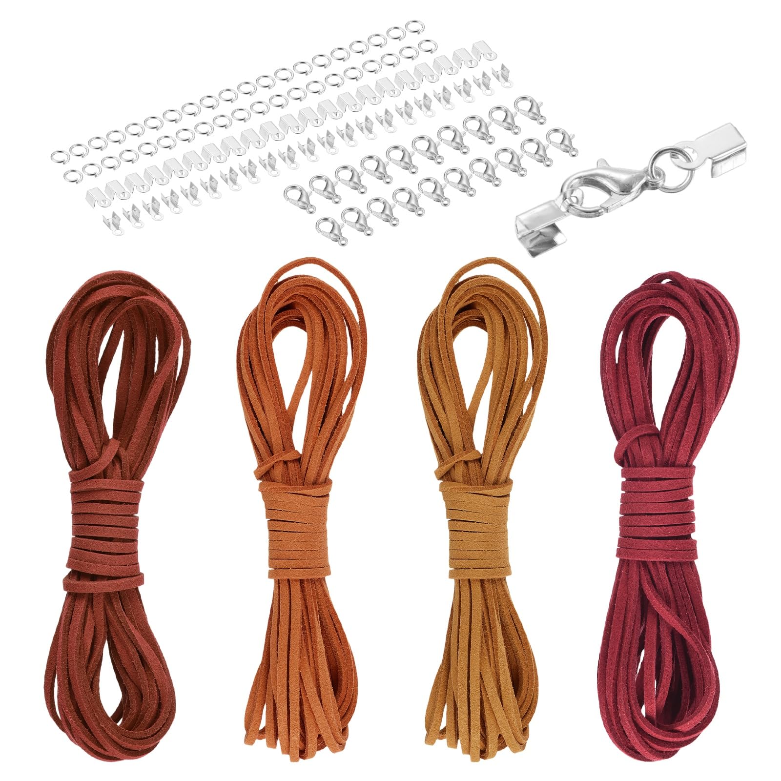 sourcing map 4 Pcs Suede Cord, 5.5 Yards Flat Faux Leather Cord Soft Durable Leather String with Silver Closed-Mouth Ring Rope Clip Lobster Clasps for Art Craft, Orange Yellow/Red Series