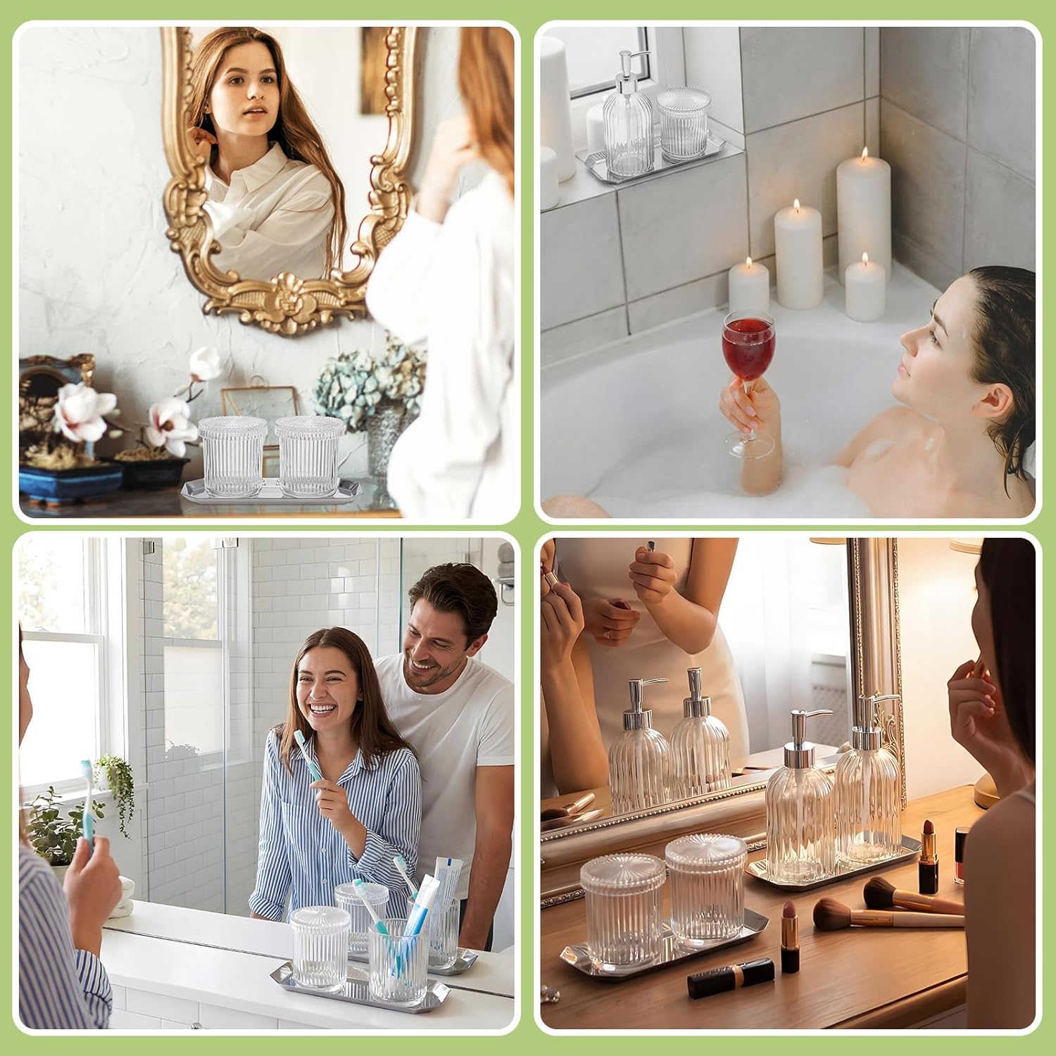 Yaomiao 7 Pack Clear Glass Bathroom Accessories Set, 2 Pcs Cotton Swabs Jar with Lids, 2 Pcs 18 oz Soap Dispenser with Pump and 2 Trays and Labels for Bathroom Kitchen Counter Organizer Vintage Gift