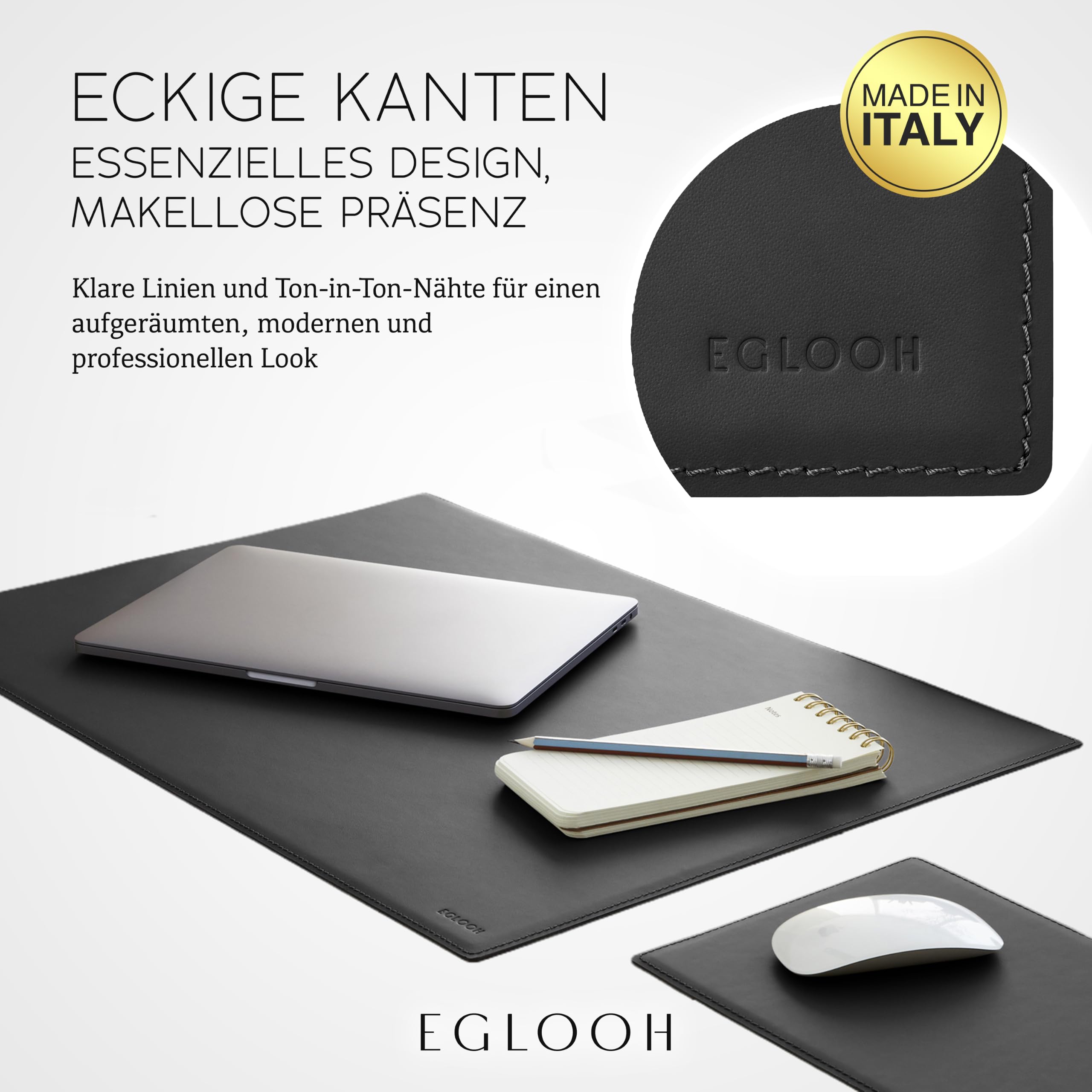 Eglooh - Mercurio - Schreibtischunterlage Leder mit quadratischen Ecken- Desk Mat Leather Rutschfest - Desk Setup Accessories Made in Italy