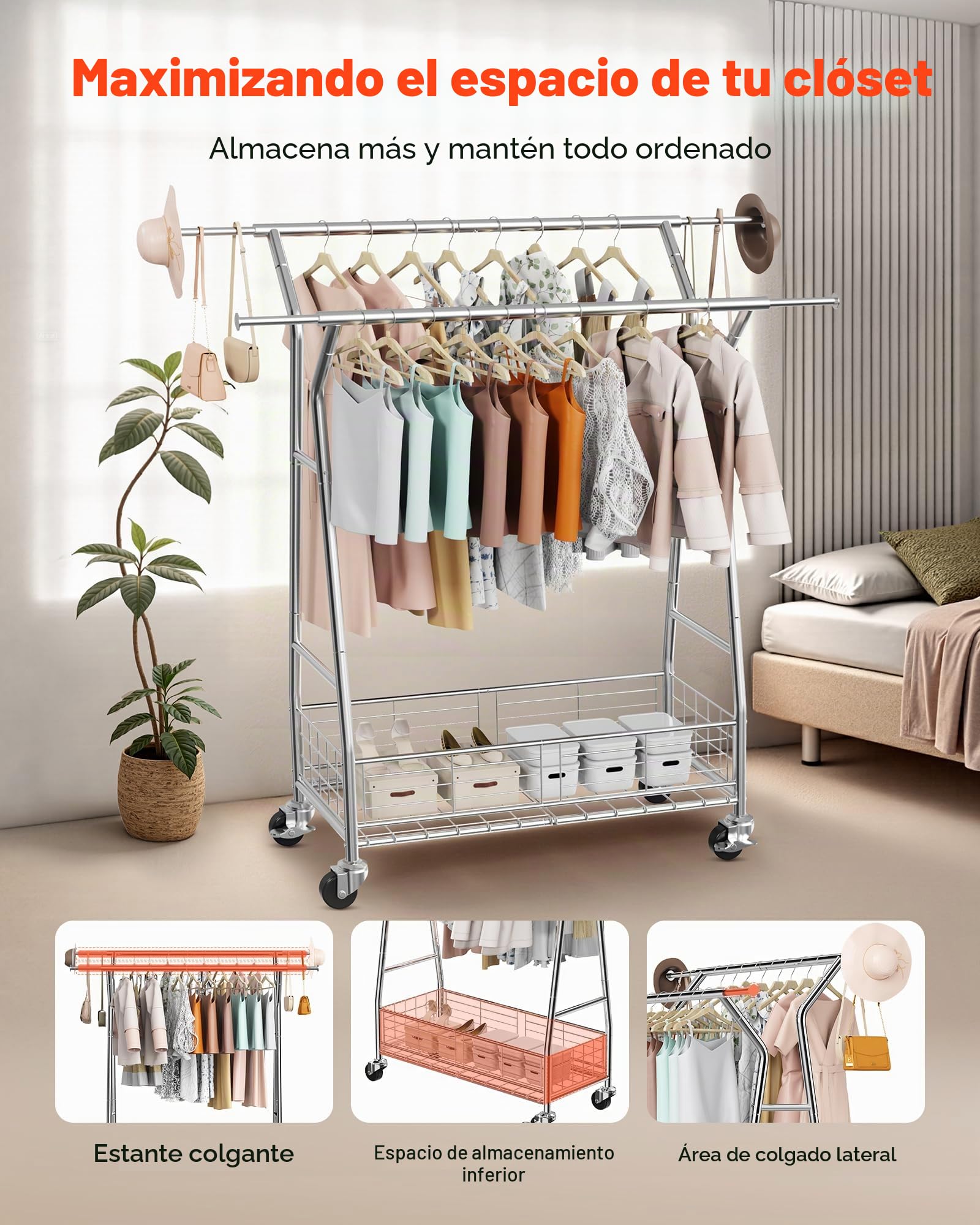VEVOR Perchero Burro para Ropa 107-166 cm 2 Barras para Colgar y Cesta de Almacenamiento, Burro de Ropa con Ruedas, Carga de 150 kg, de Acero al Carbono, para Dormitorio, Lavandería, Sala de Estar