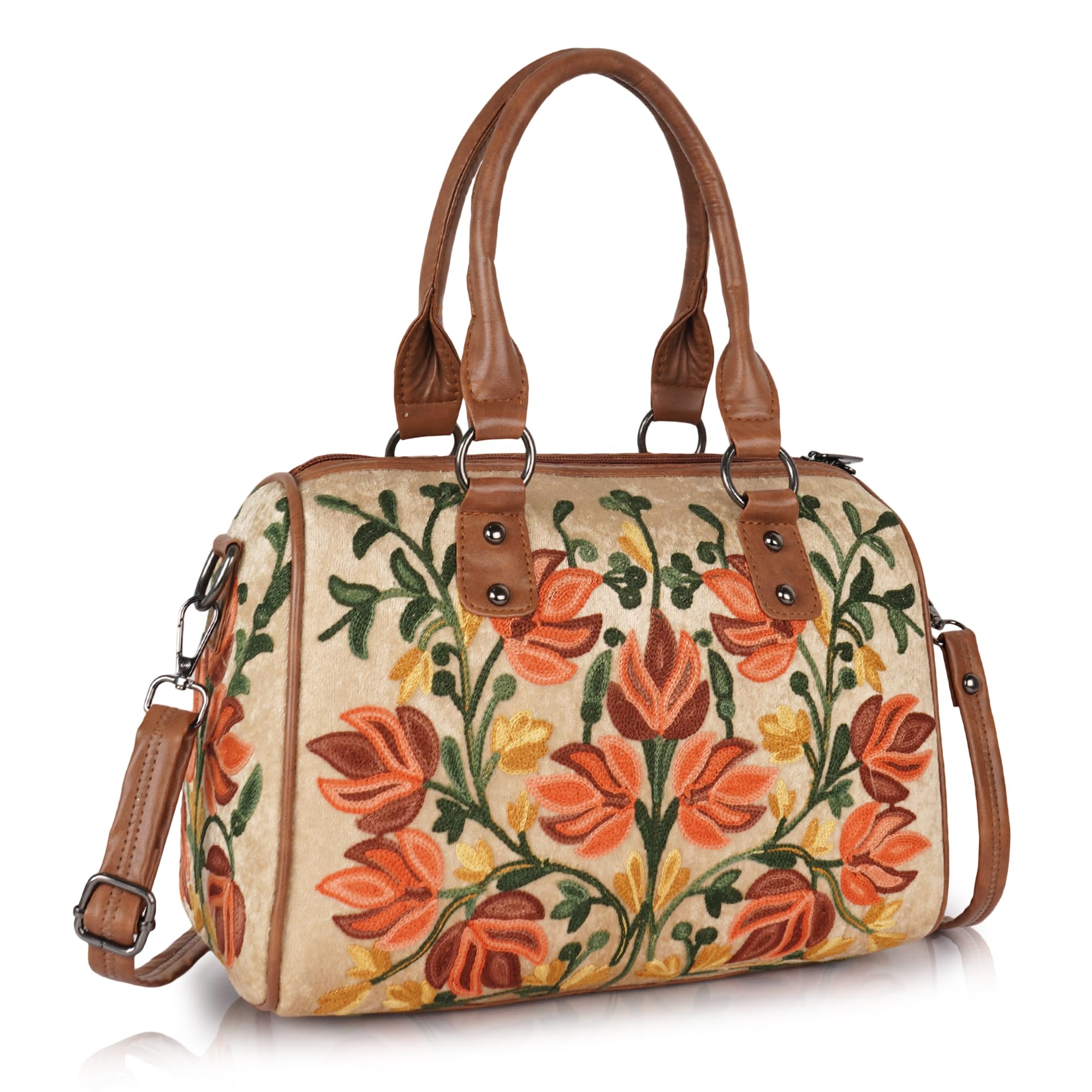 Floral Embroidered Shoulder Bag, Vintage Style Handbag with Leather Handles,Sling Strap with Botanical Design (Beige)