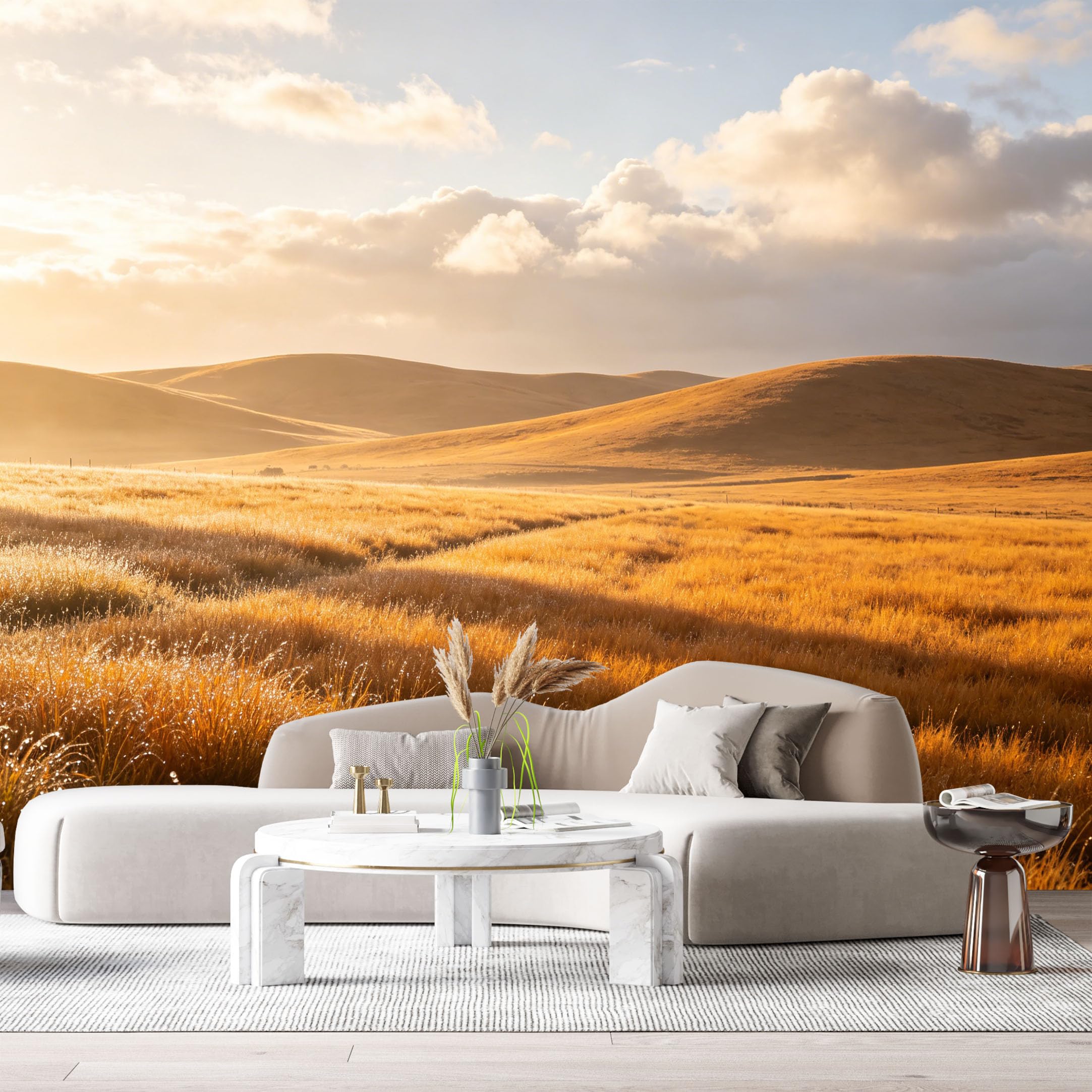 Custom Size Wall Murals Golden Meadow Landscape Sunrise Hills Minimalist SelfAdhesive Wall Fabric Removable Large Wallpaper for Photo Living Room