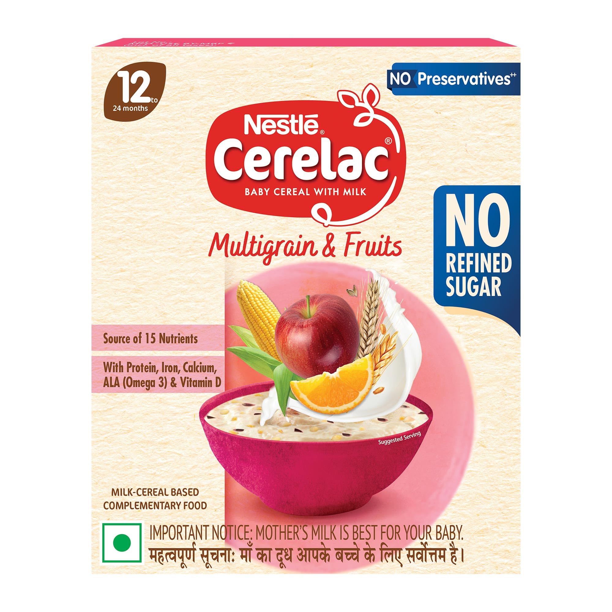 CERELAC Baby Food Cereal | No Refined Sugar | Multigrain & Fruits for 12 to 24 Months Baby | Omega 3 Iron Protein Calcium Vitamin D for Babies | Instant Baby Food Cereal | 300g