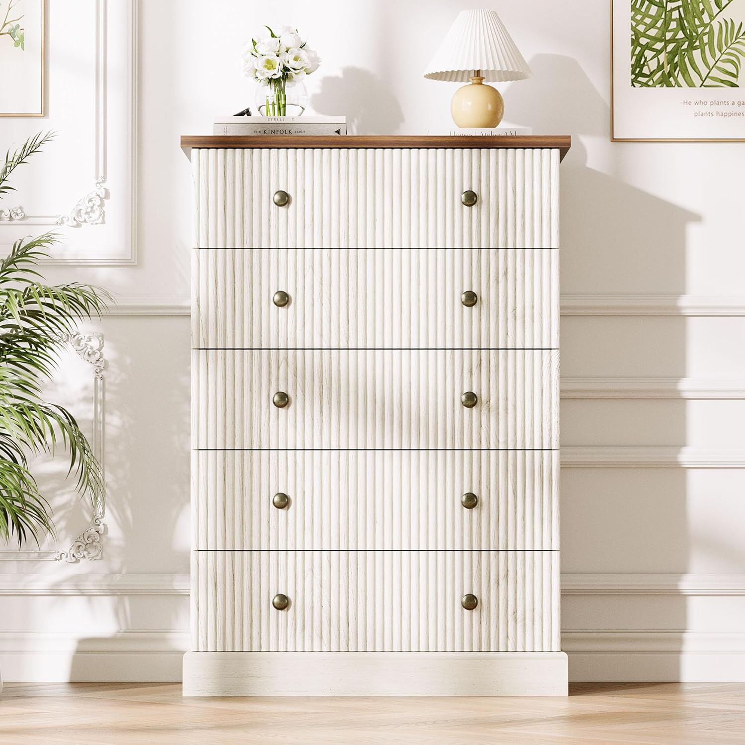 Garvee 5 Drawer Tall Dresser for Bedroom, Fluted Vertical Chest of Drawers, Wood Storage Dresser with Metal Handles, Space Saving Dresser for Apartment Guest Room, White & Brown