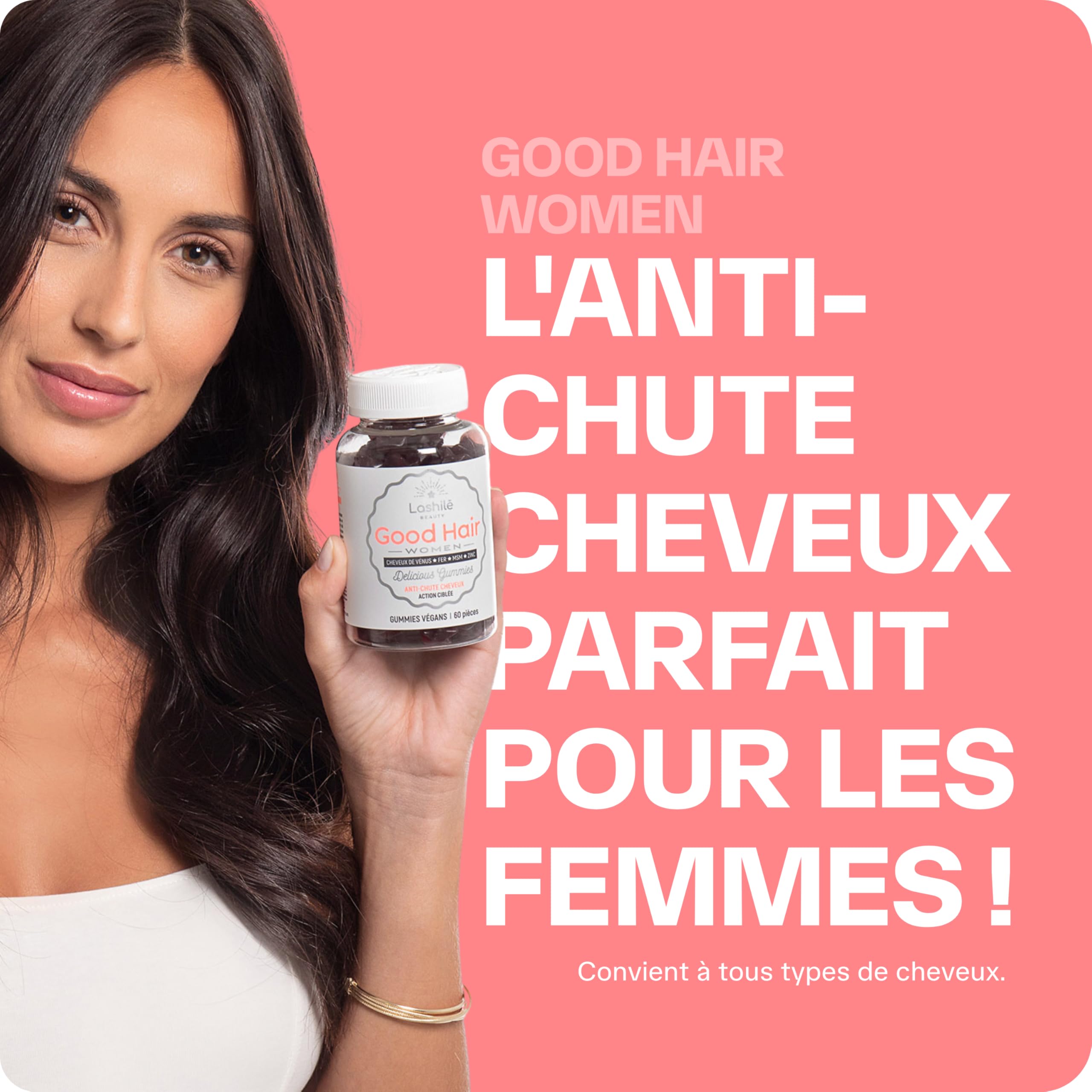 Lashilé Beauty - Gummies Anti-Chute Cheveux - Croissance & Fortification capillaire - Complément Alimentaire Anti-Chute Cheveux - Good hair women - Biotine Zinc Vitamine B6 - Cure 1 Mois 60 Gummies
