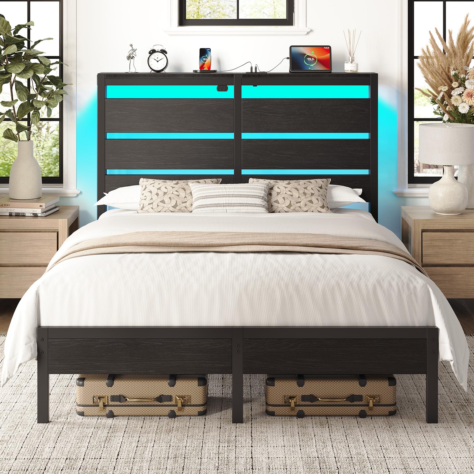 Rolanstar Queen Bed Frame with LED Lights and Charging Station Wood Storage Headboard and Under Bed Storage Metal