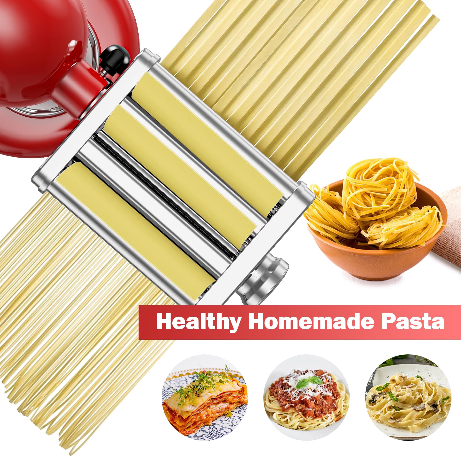 GVODE Accesorio de Pasta 3 en 1de Material Acero Inoxidable para KitchenAid Amasadora, Rodillo para Láminas, Cortador de Espaguetis y Fettuccine, con Placa Guía, 8 Ajustes de Grosor