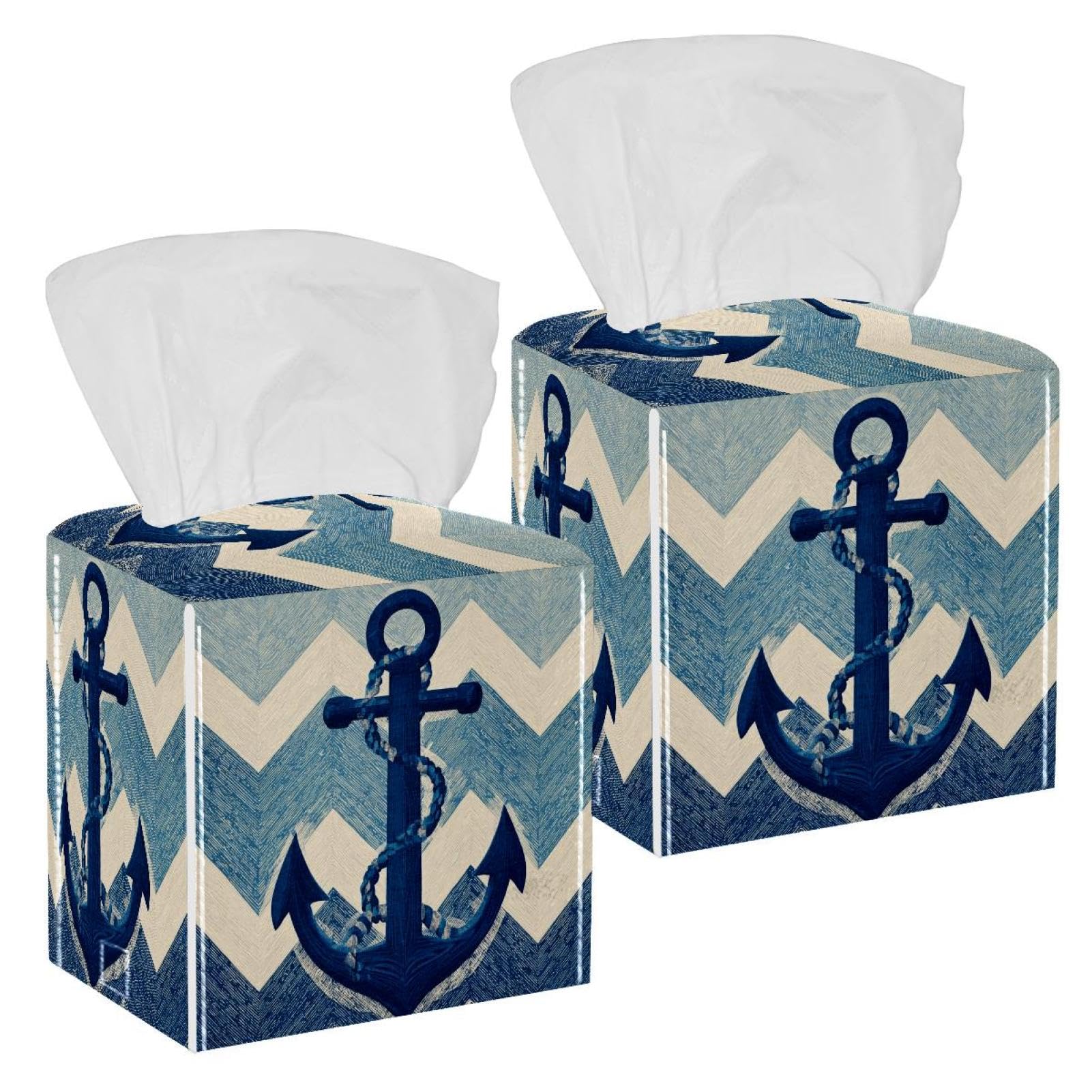 Anchor Tissue Box Cover, 2 Pack PU Leather Square Facial Tissue Dispenser Box holder for Home Office Car