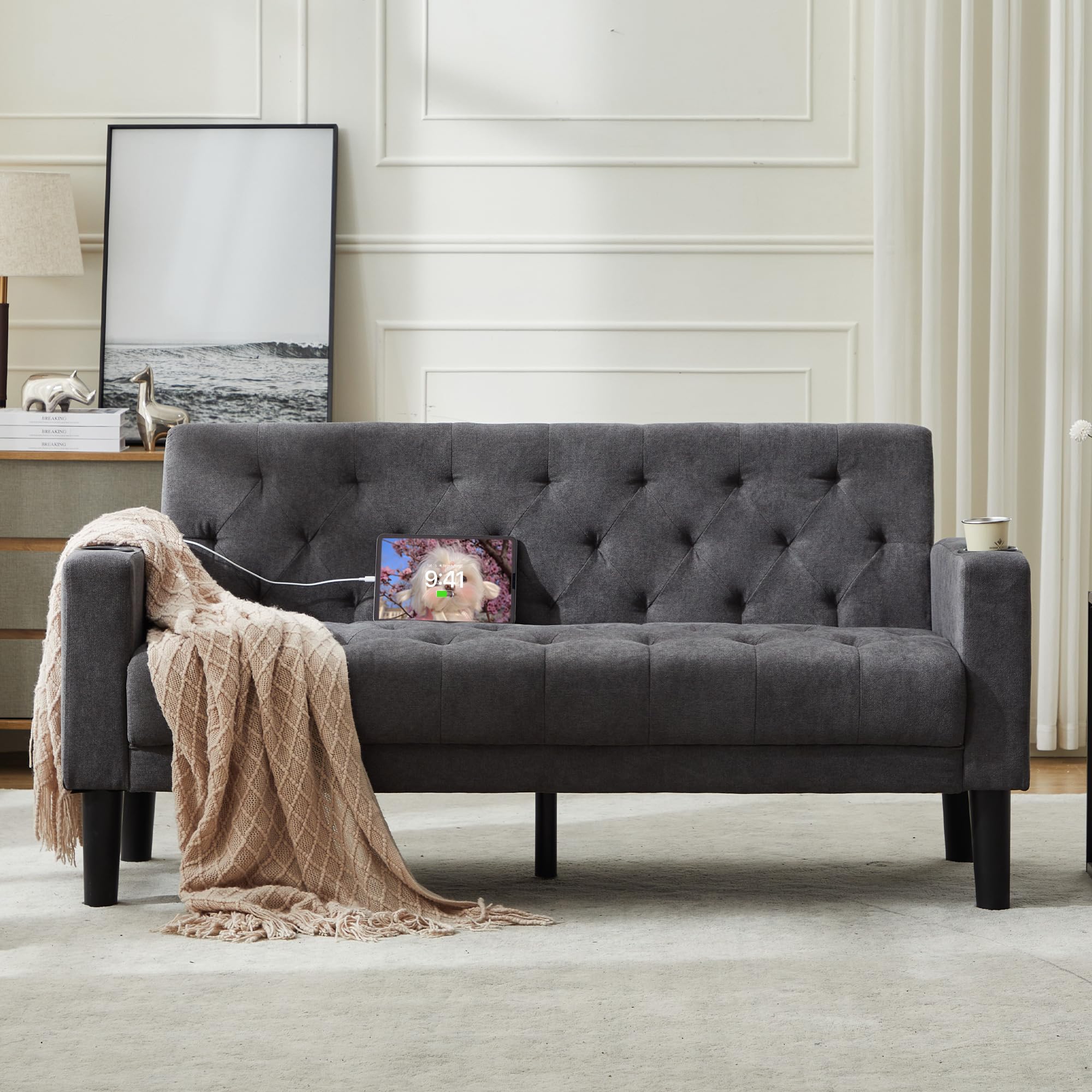 TYBOATLE 62" W Loveseat Sofa w/ 2 USB Charger Ports and 2 Cupholders | Mid-Century Modern Tufted Linen Fabric Small Love Seat Couches for Compact Living Room, Bedroom, Apartment, Dorm