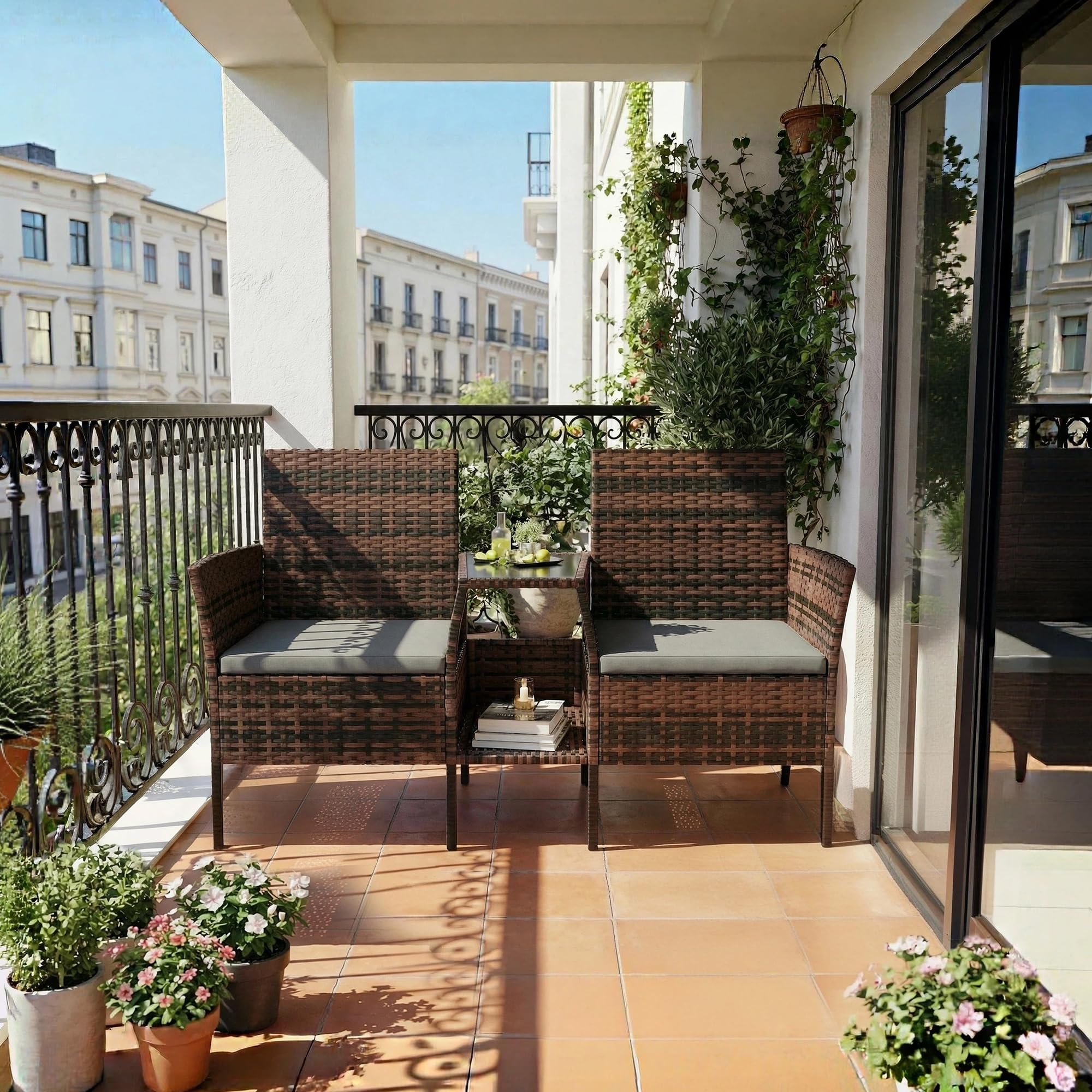 Amopatio Polyrattan Gartenbank, Outdoor Sitzbank mit Tisch & Ablage, Gartenmöbel Rattan Gartensofa, Wetterfest & UV-beständig Balkonbank Sitzgruppe für Garten, Balkon, Braun