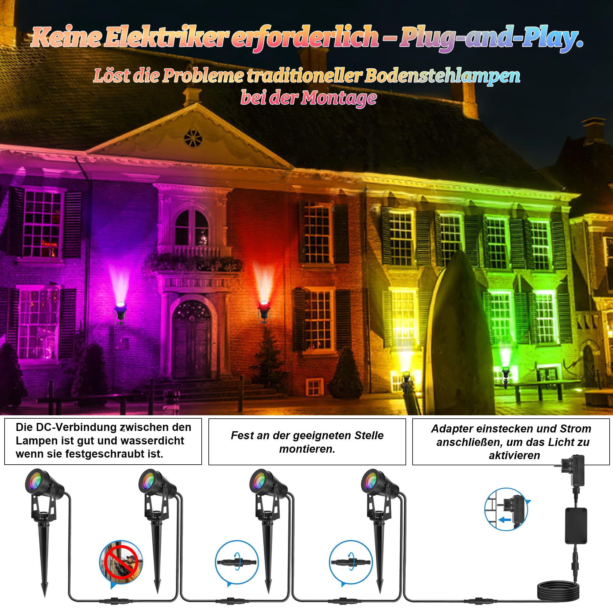 Illuminazione da giardino a LED RGB, 14 m, 12 W, set da 4 faretti da giardino con picchetto, IP65, impermeabile, per esterni, per giardino, cortile, feste, alberi, giardino, cavo spina, faretto