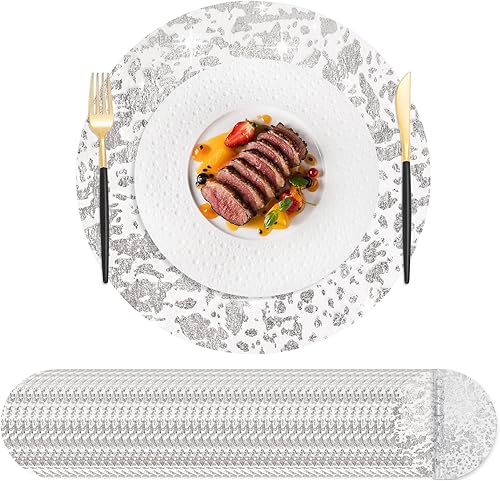 Miniatura 9 de Hysenm Juego de 50 manteles individuales desechables dorados metálicos redondos de 13 pulgadas de malla de papel de aluminio prensado, tapetes de