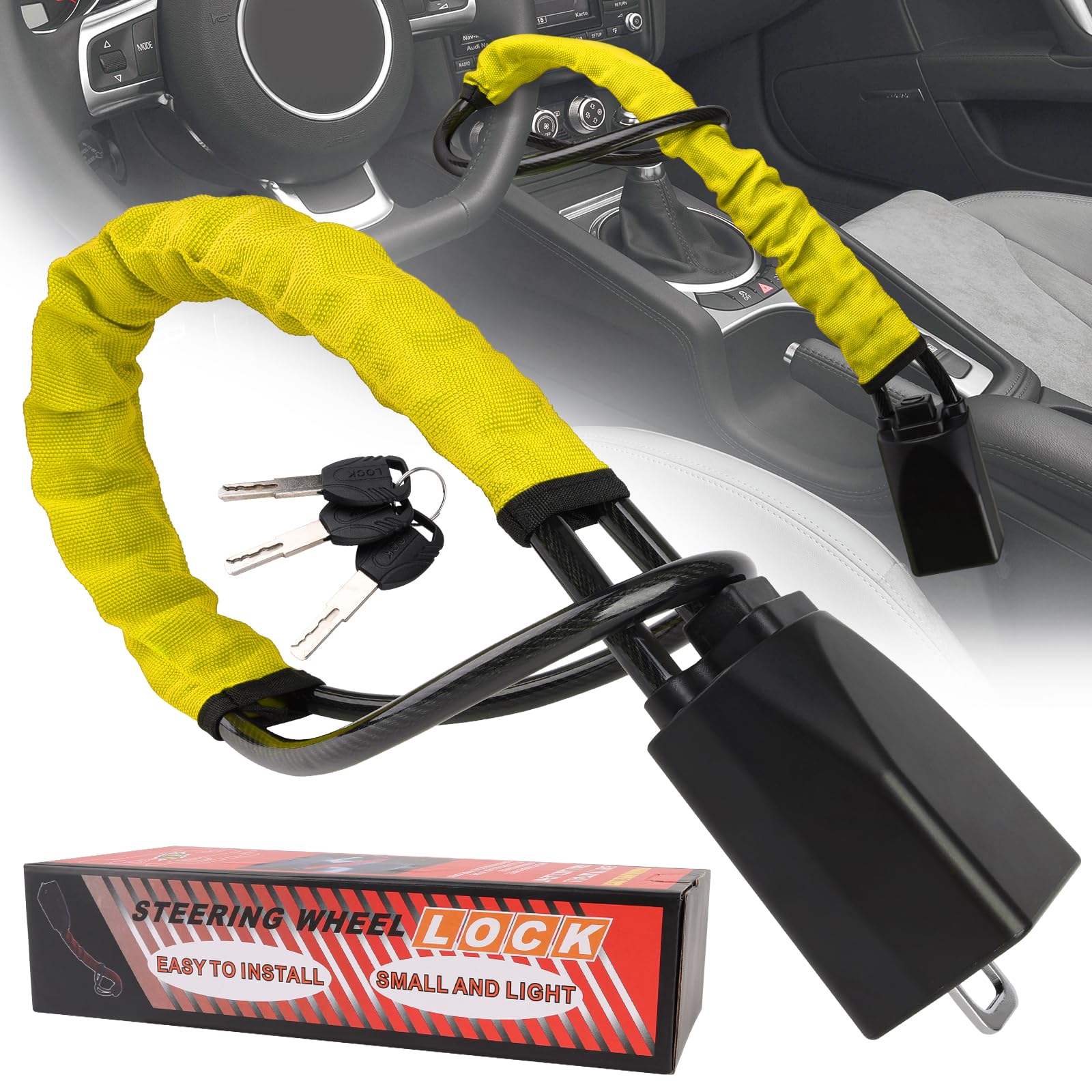 Steering Wheel Lock, Car Security Steering Locks, Seat Belt Car Lock Double Anti-Theft Device with 3 Keys, Easy to Lock or Unlock, Universal Fit Car Van Trucks SUV (Yellow)