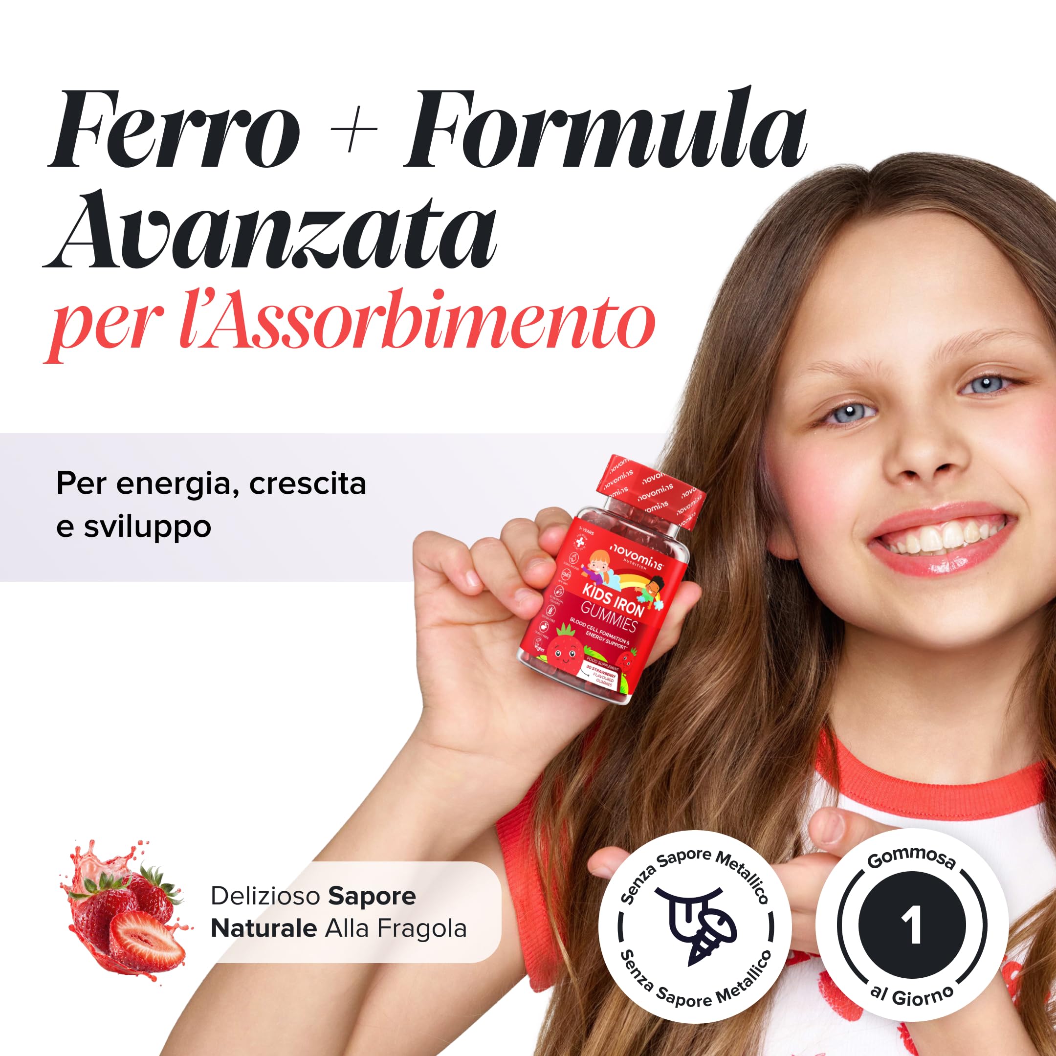 Ferro Bambini Gommose – Ferro + Vitamina C per l'Assorbimento – Energia, Globuli Rossi e Difese – Vegano, Senza Glutine – 30 Gommose Gusto Fragola – Novomins