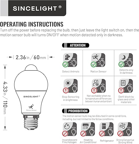 Miniatura 6 de SINCELIGHT Bombilla LED con sensor de movimiento de 9 W E26, PIR activada por movimiento en la oscuridad, encendidoapagado automáticamente por
