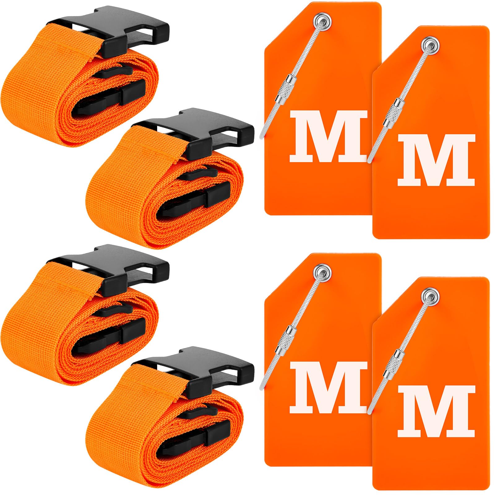 Weewooday 8 Pcs Luggage Straps Suitcase Tags Set for TSA Approved, 4 Travel Adjustable Suitcase Belt, 4 Silicone Luggage Tags with Name ID Card Travel Accessories(Light Orange,M)