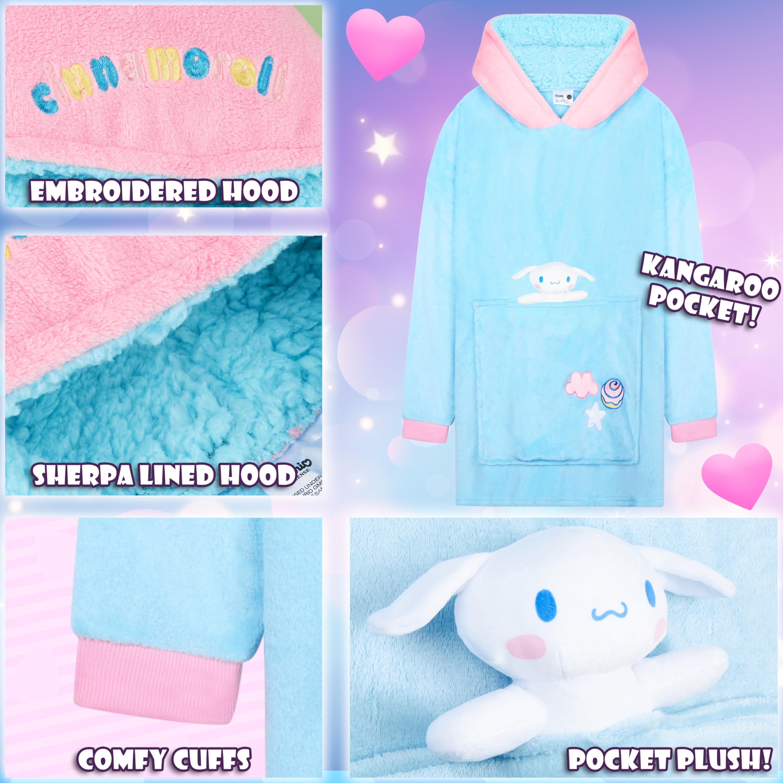 Hello Kitty Sanrio Sweat Polaire à Capuche Oversize Fille Ado et Peluche Intégrée, Couverture Portable, Anime Cadeau Kawaii