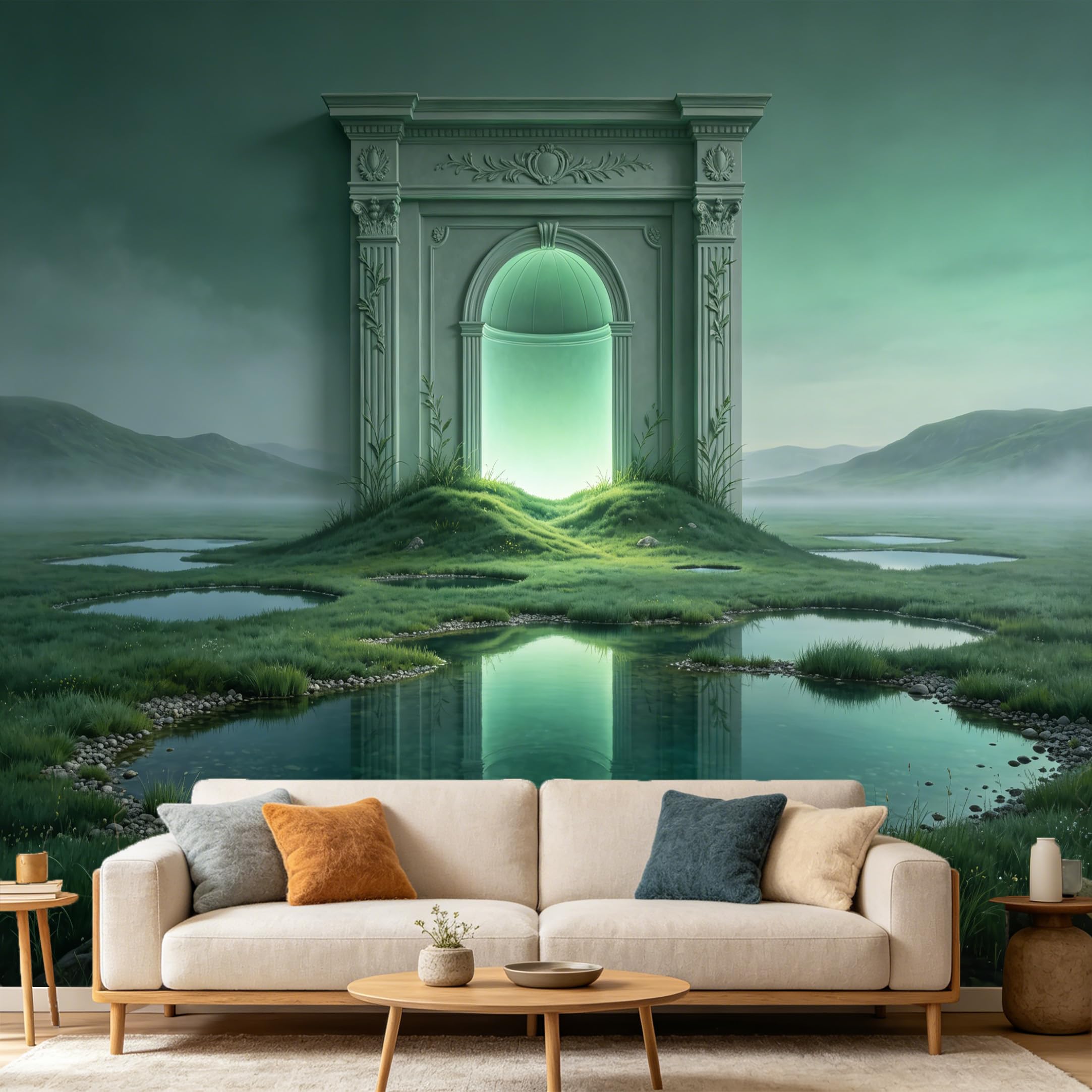 Custom Size Wall Mural Surreal Neoclassical Archway Misty Lake Landscape 3D Trompe L'Oeil Greenery Scene SelfAdhesive Art Prints wall Fabric Removable Large Wallpaper Home Living Room Decor