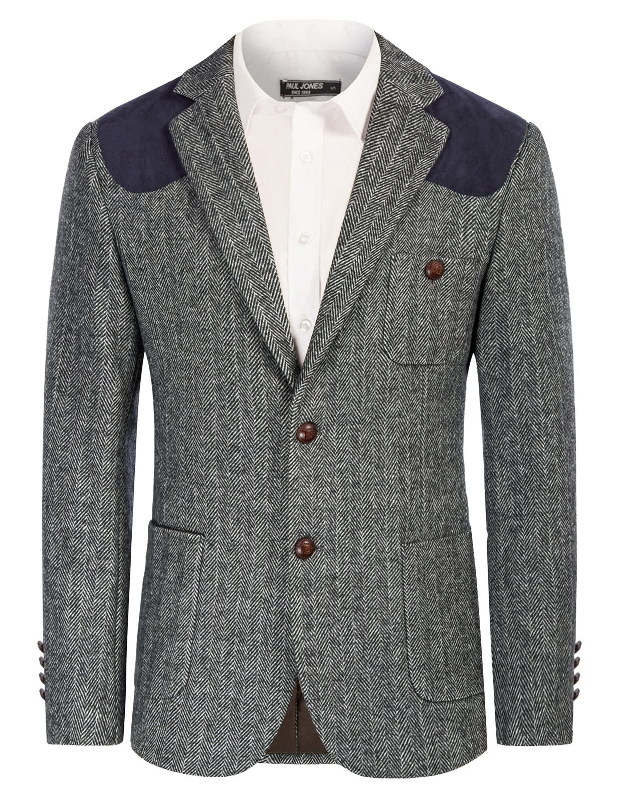 PJ PAUL JONESMen Vintage Herringbone Tweed Blazer Jacket British Wool Blend Coat with Pocket